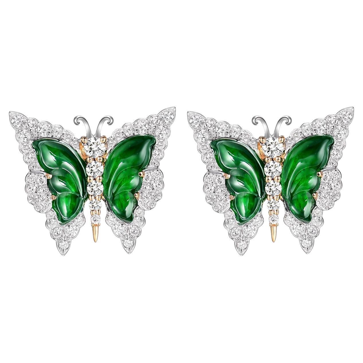 Vintage 4,63ct Schmetterling Jade und Diamant-Ohrstecker in 18K Gold PT950