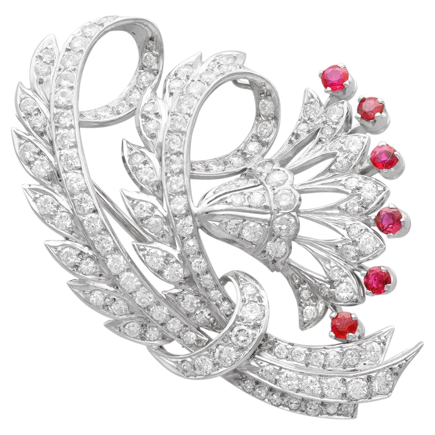 Vintage 4.65 Carat Diamond and 0.24 Carat Ruby Platinum Floral Brooch Circa 1950