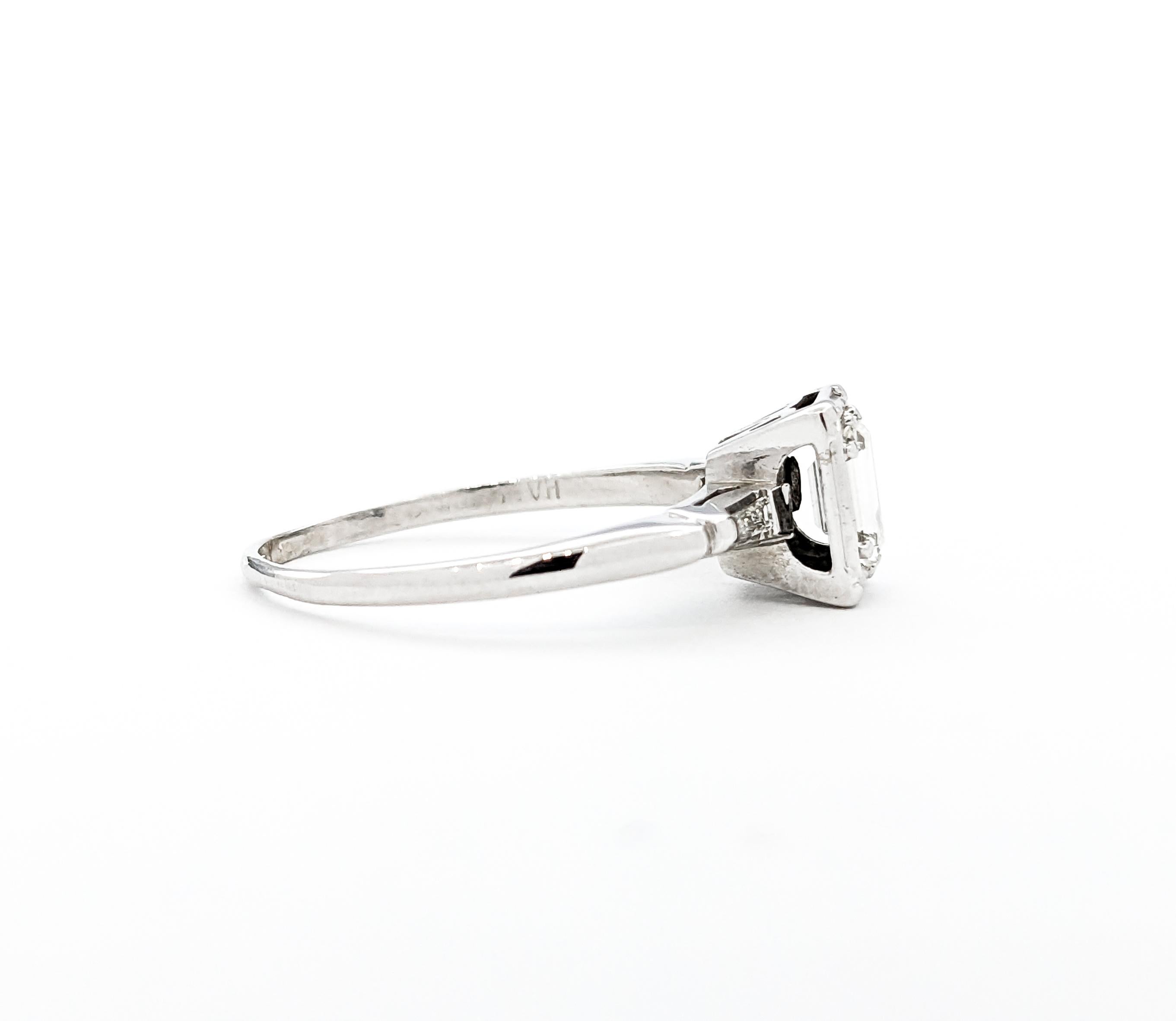 Modernist Vintage .46ct Emerald Cut Diamond Engagement Ring In White Gold For Sale