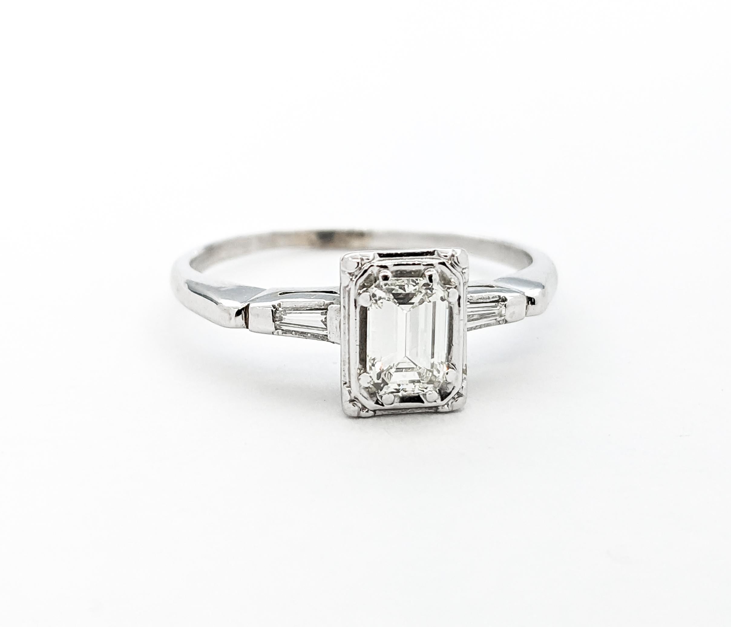 Vintage .46ct Emerald Cut Diamond Engagement Ring In White Gold For Sale 1