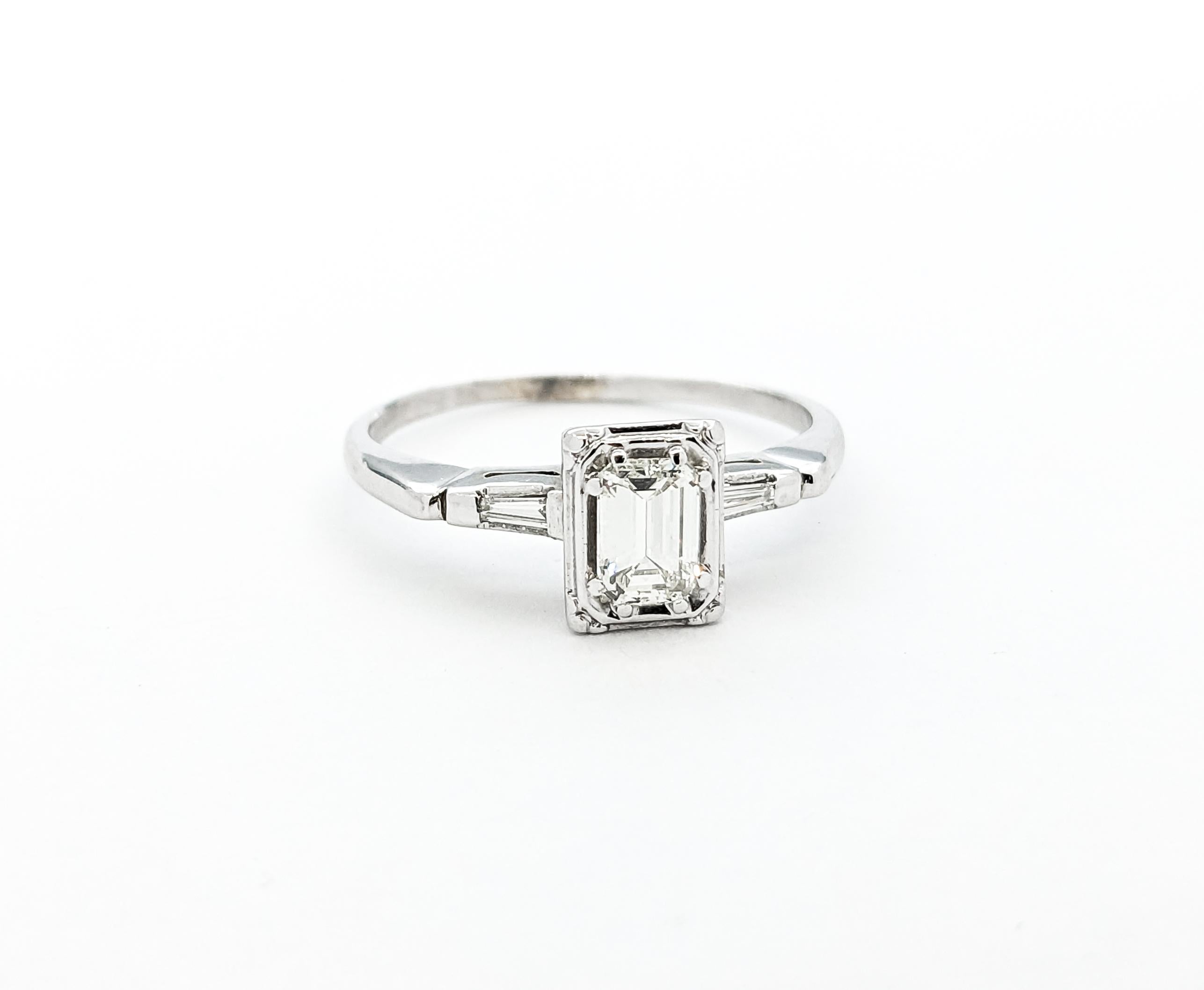 Vintage .46ct Emerald Cut Diamond Engagement Ring In White Gold For Sale 2
