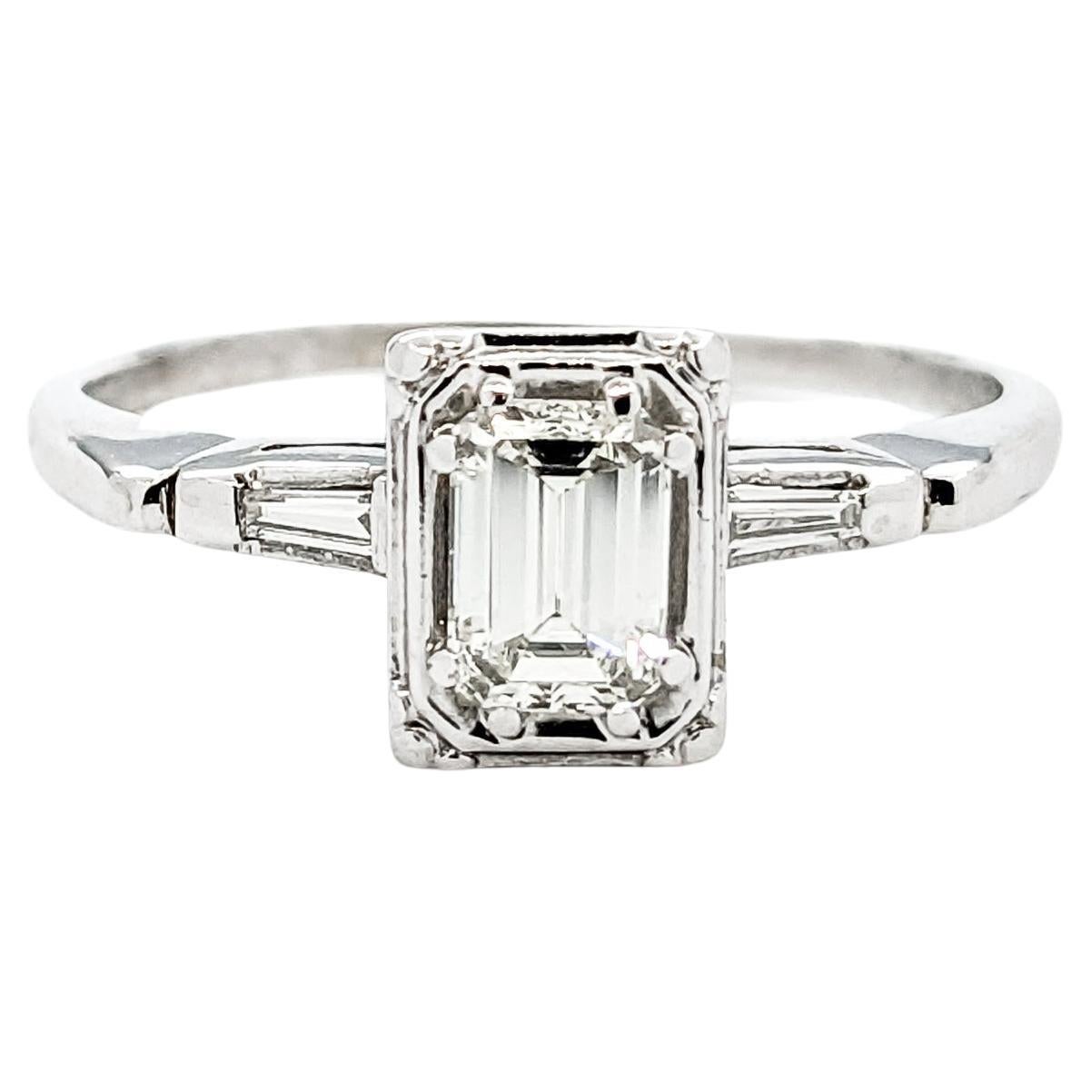 Vintage .46ct Emerald Cut Diamond Engagement Ring In White Gold For Sale