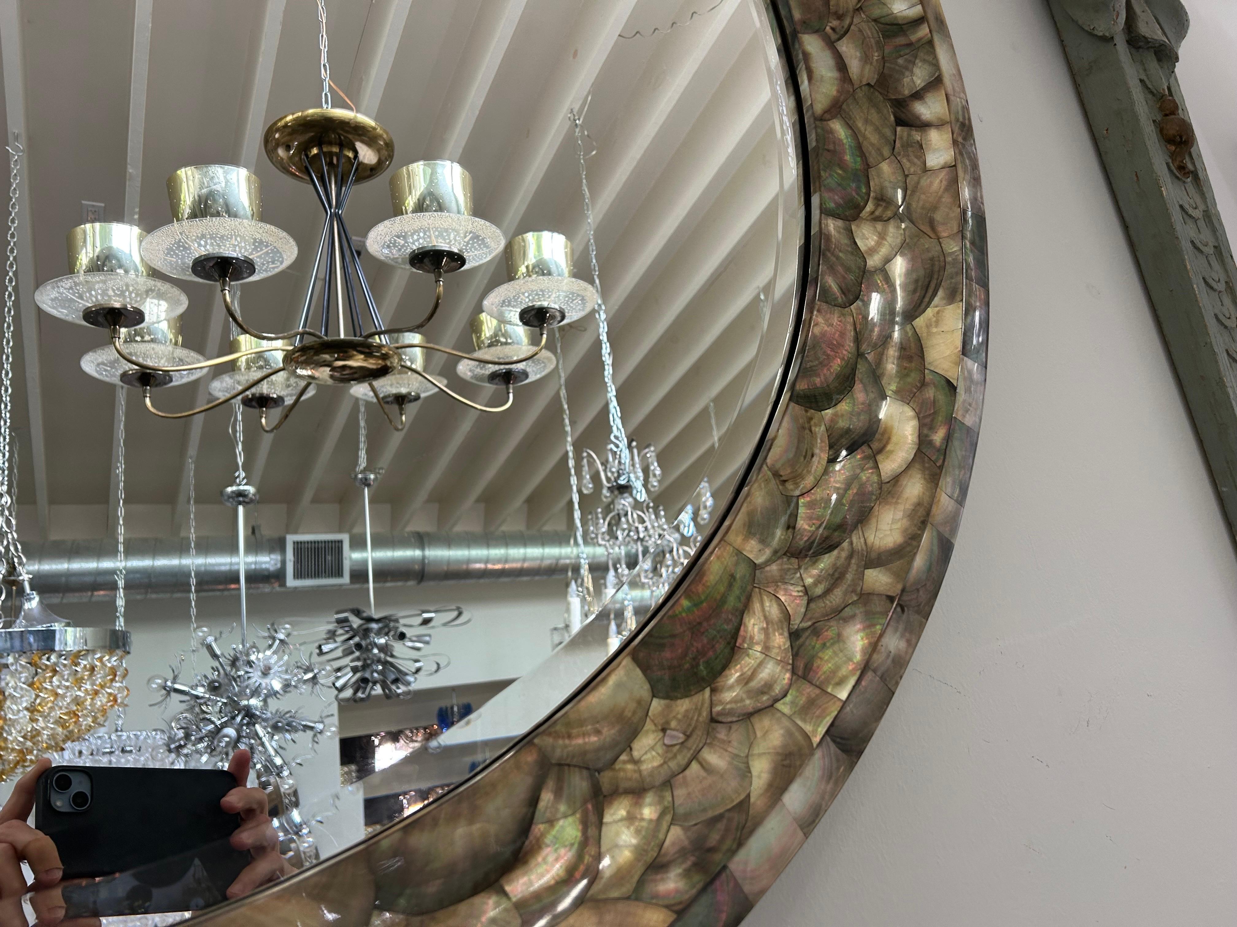 Monumental 47 Inch Round Abalone Beveled Mirror For Sale 5