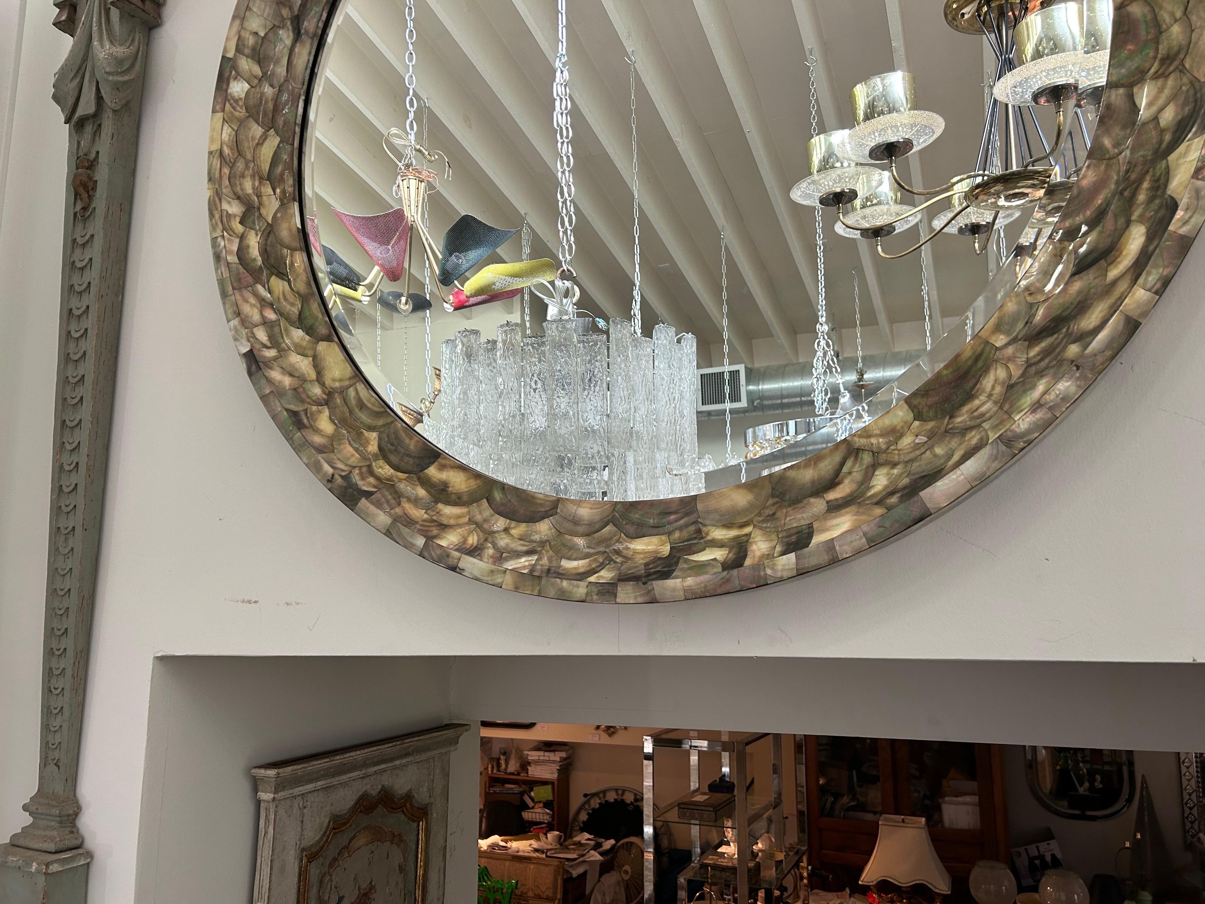 Mid-Century Modern Vintage 47 Inch Round Abalone Beveled Mirror For Sale