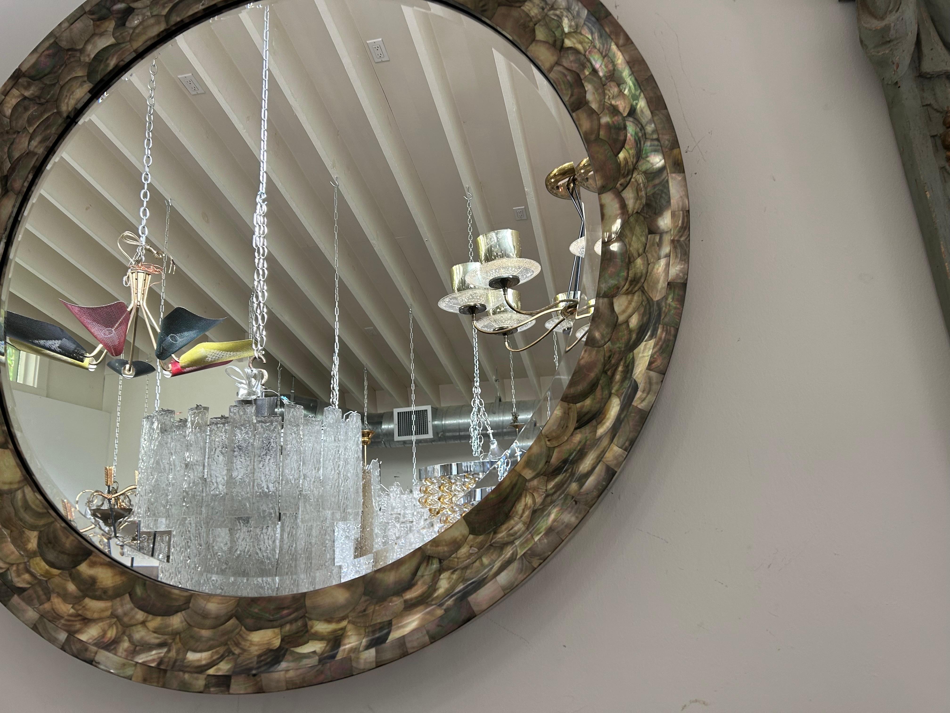 Unknown Monumental 47 Inch Round Abalone Beveled Mirror For Sale