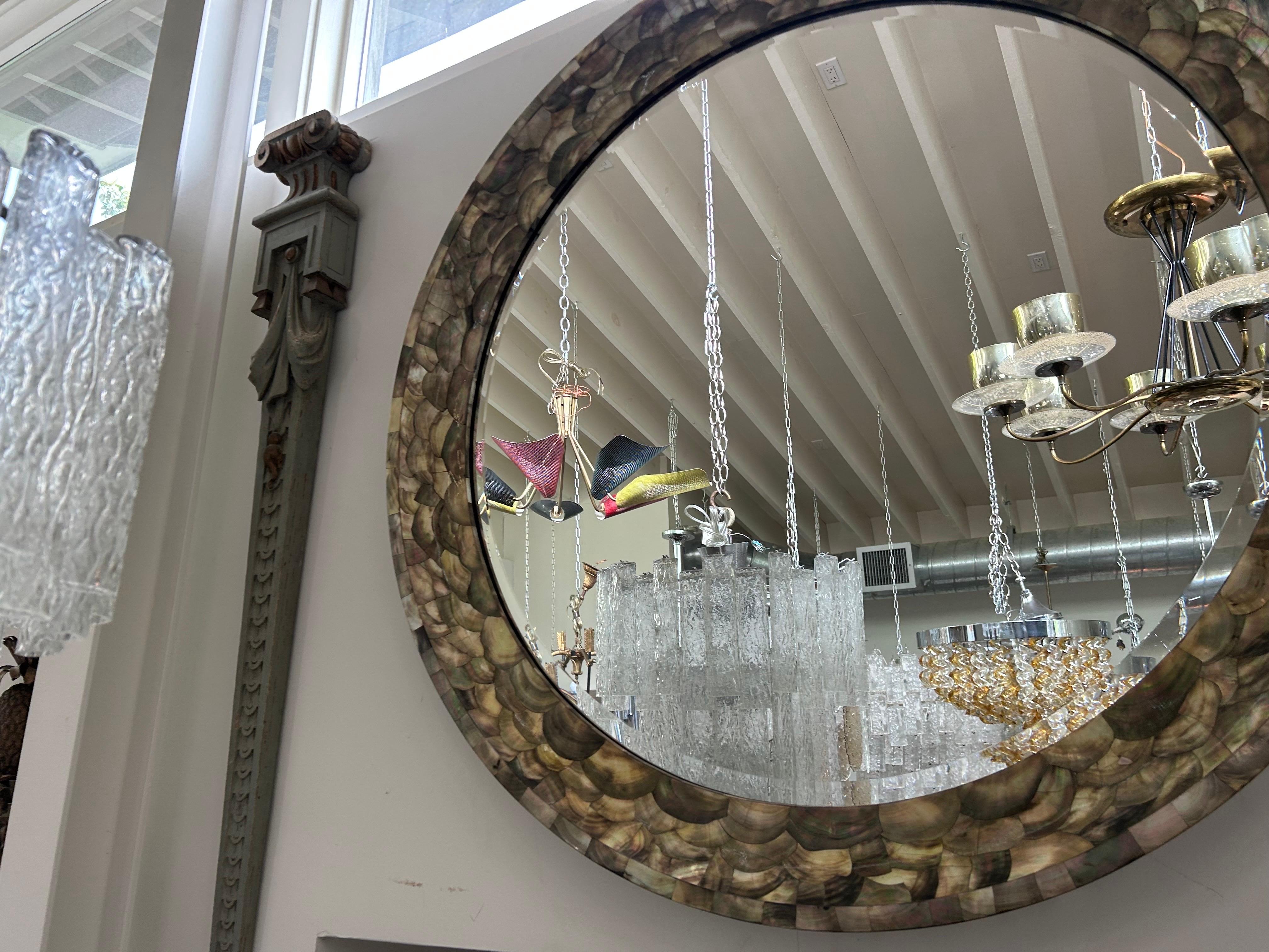 Vintage 47 Inch Round Abalone Beveled Mirror In Good Condition For Sale In Houston, TX