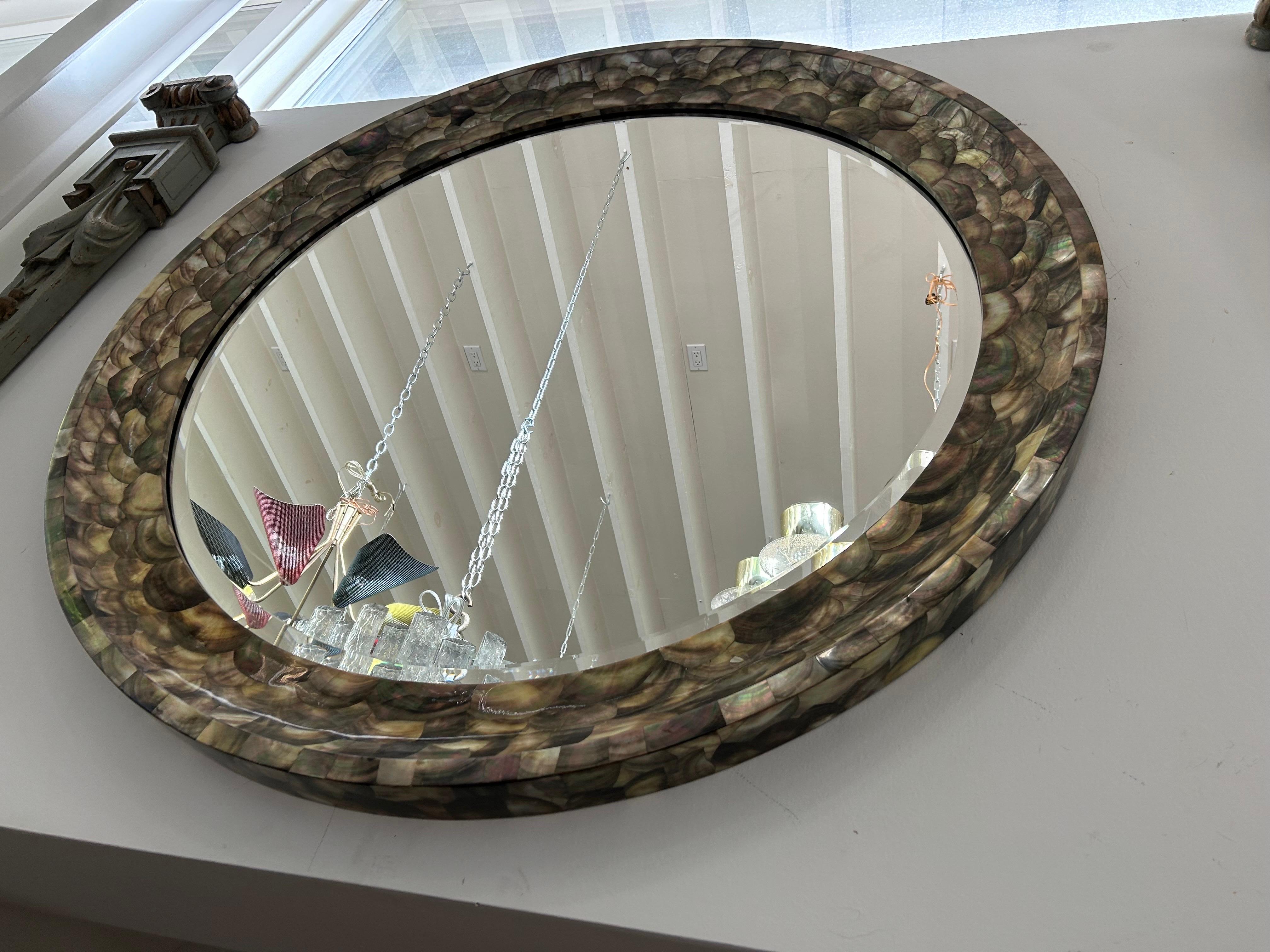 Monumental 47 Inch Round Abalone Beveled Mirror For Sale 1