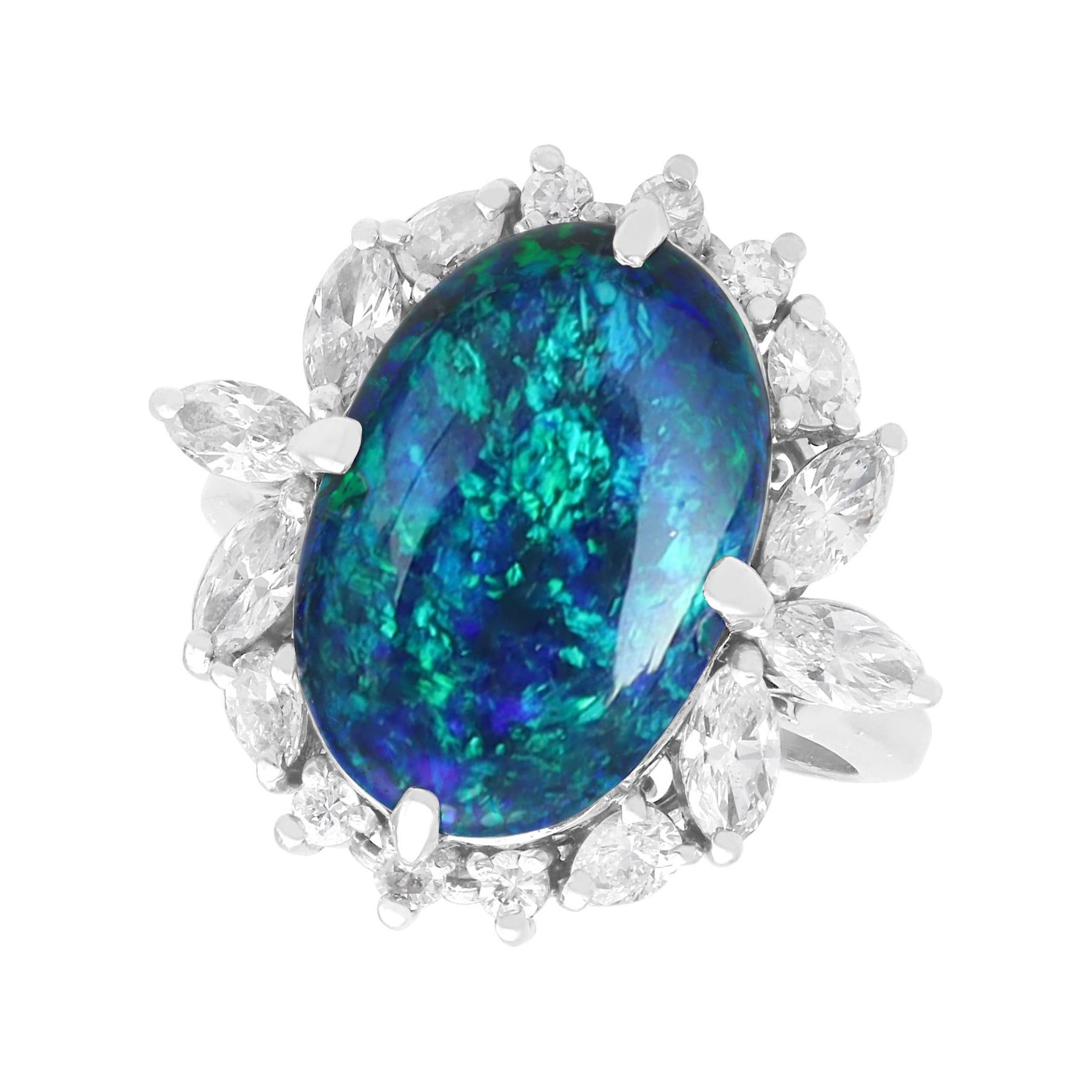 Vintage 4.70 Carat Black Opal 1.08 Carat Diamond Platinum Cocktail Ring (1980)