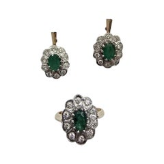 Vintage 4.70tcw Russian Emerald & Diamond Imperial Garden Ring and Earrings Set