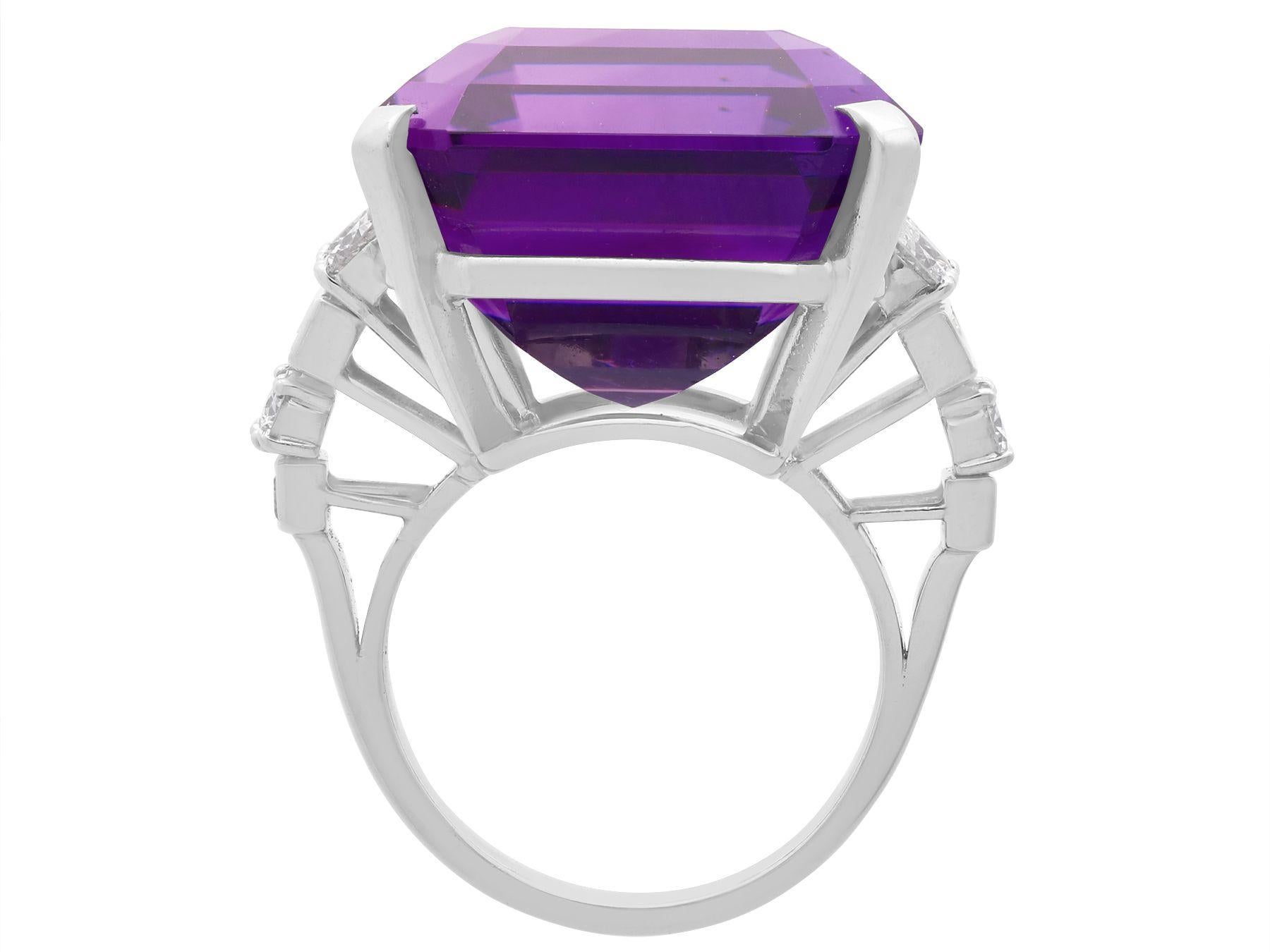 Women's or Men's 47.20ct Emerald Cut Amethyst and 2.28ct Diamond Platinum Ring Circa 1950