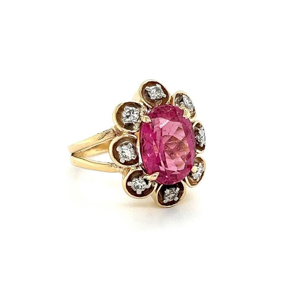 Simply Beautiful! Vintage Red Rubellite Tourmaline and Diamond Gold Ring. Centering a Hand set securely nestled, Oval 4.75 Carat Rubelite Tourmaline with intense pinkish-red hues. Awesome clarity! Surrounded by a Halo of Round Brilliant Cut