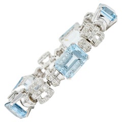 Vintage 47.50 Carats Aquamarine Diamond 18 Karat White Gold Buckle Link Bracelet