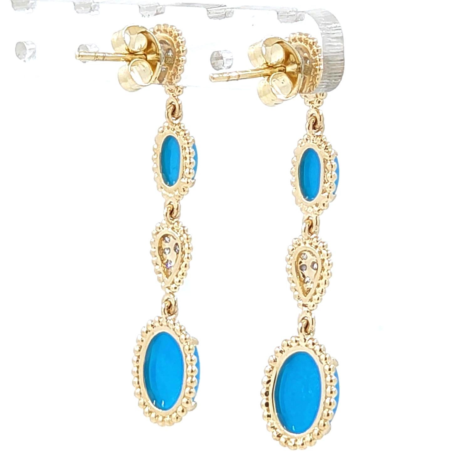 Art Deco Vintage 4.77Ct Sleeping Beauty Turquoise Diamond Drop Earrings in 14K Gold For Sale