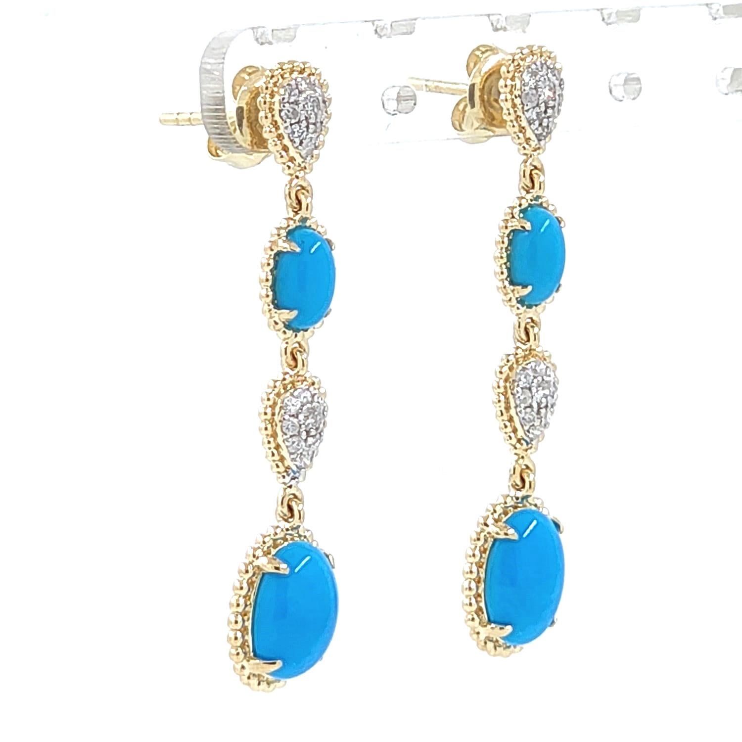Women's Vintage 4.77Ct Sleeping Beauty Turquoise Diamond Drop Earrings in 14K Gold For Sale