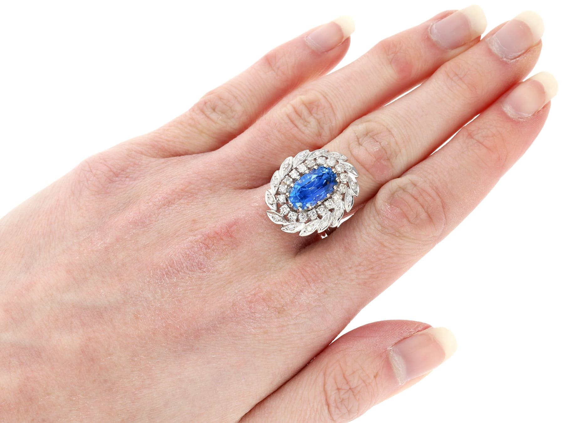 Vintage 4.80 Carat Sapphire and 1 Carat Diamond White Gold Cluster Ring For Sale 1