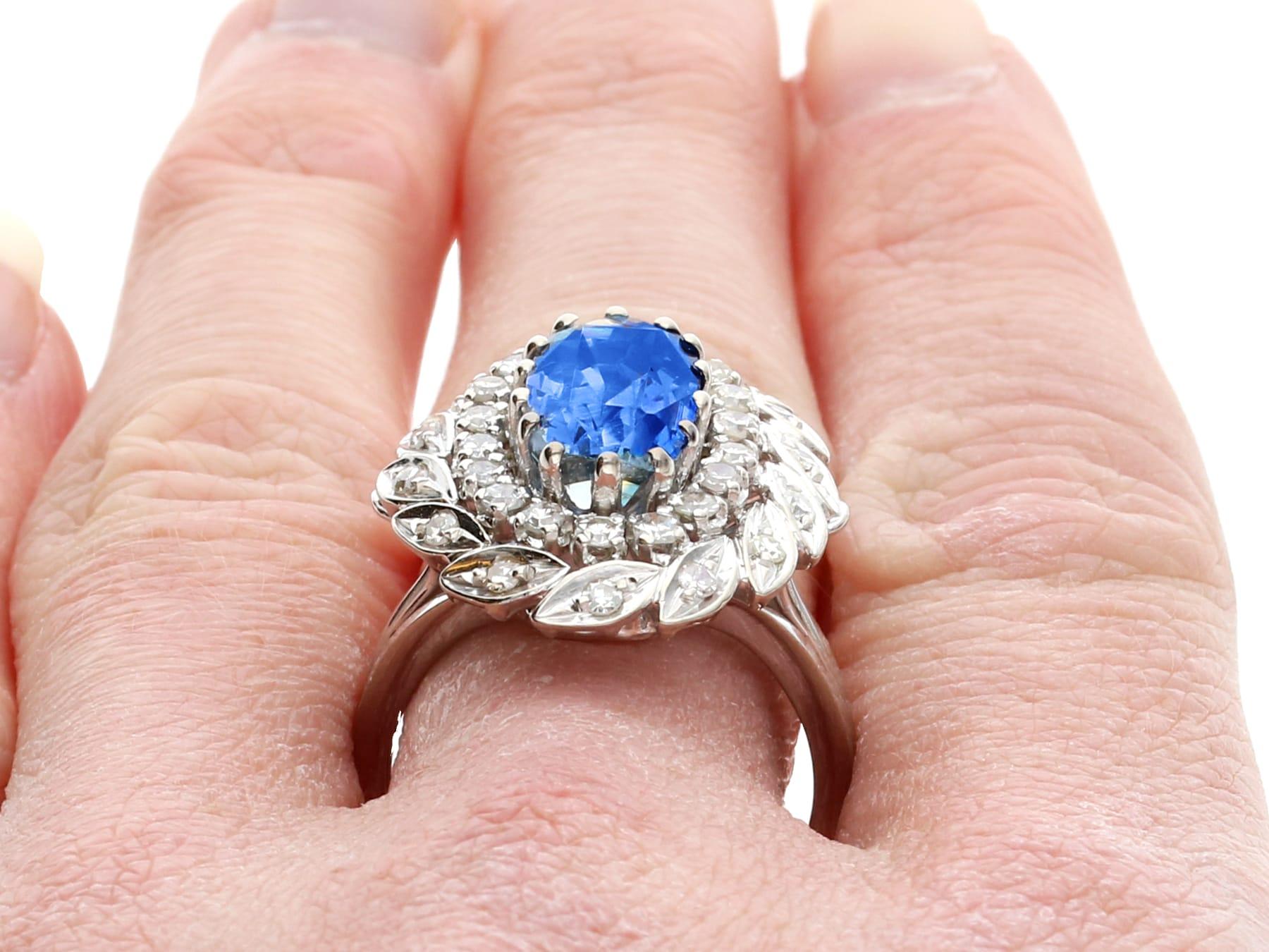 Vintage 4.80 Carat Sapphire and 1 Carat Diamond White Gold Cluster Ring For Sale 3