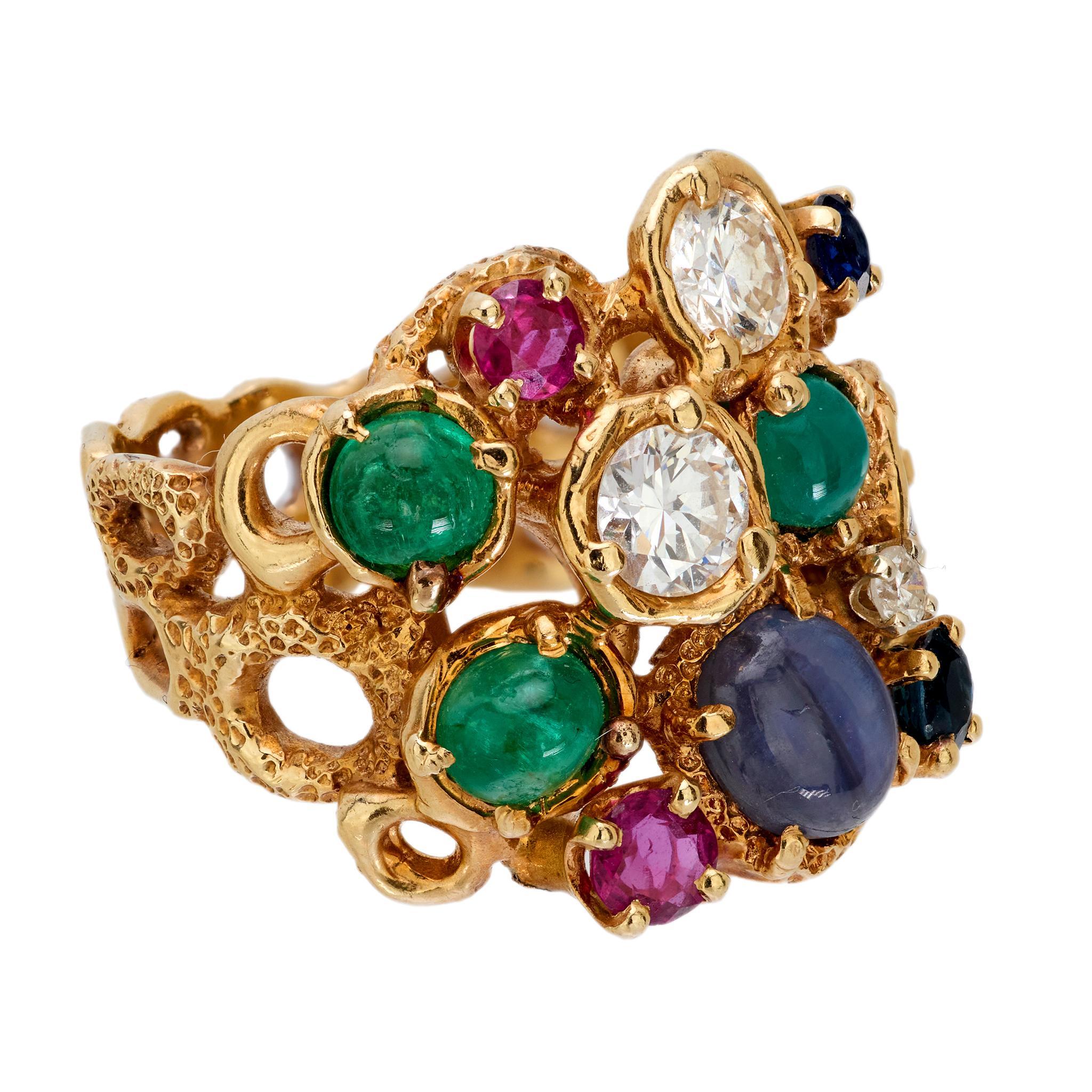 Taille brillant Bague cocktail vintage en or jaune 14 carats, poids total de 4,80 carats