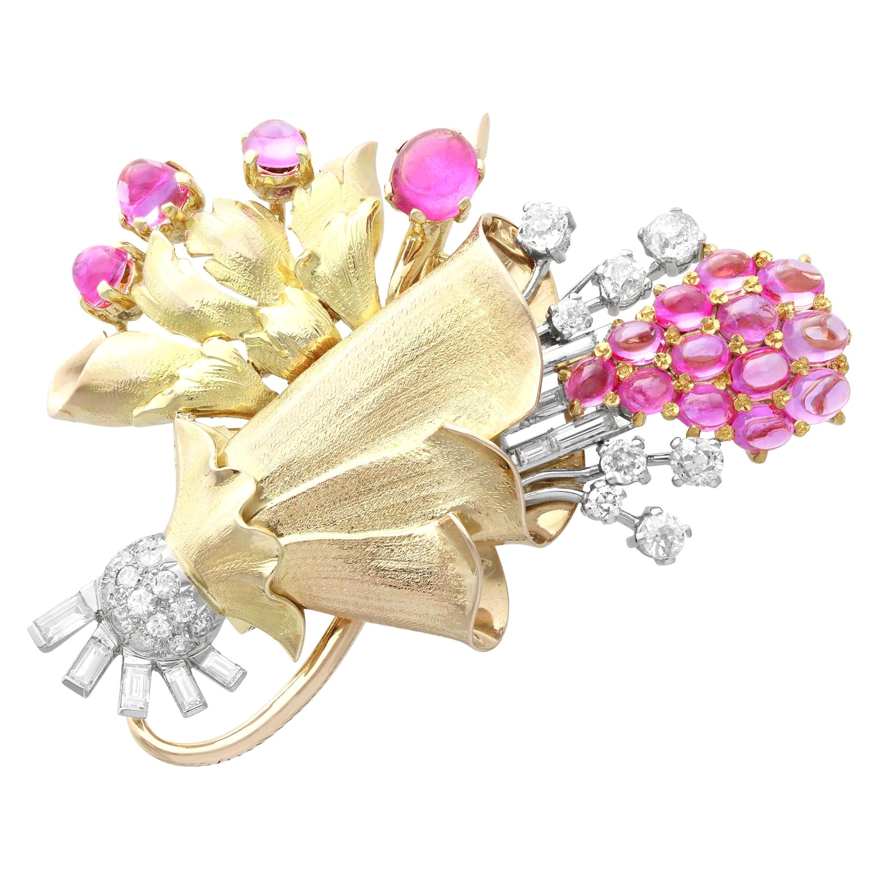Brosche mit 4,83 Karat rosa Saphir und 1,10 Karat Turmalin und Diamant