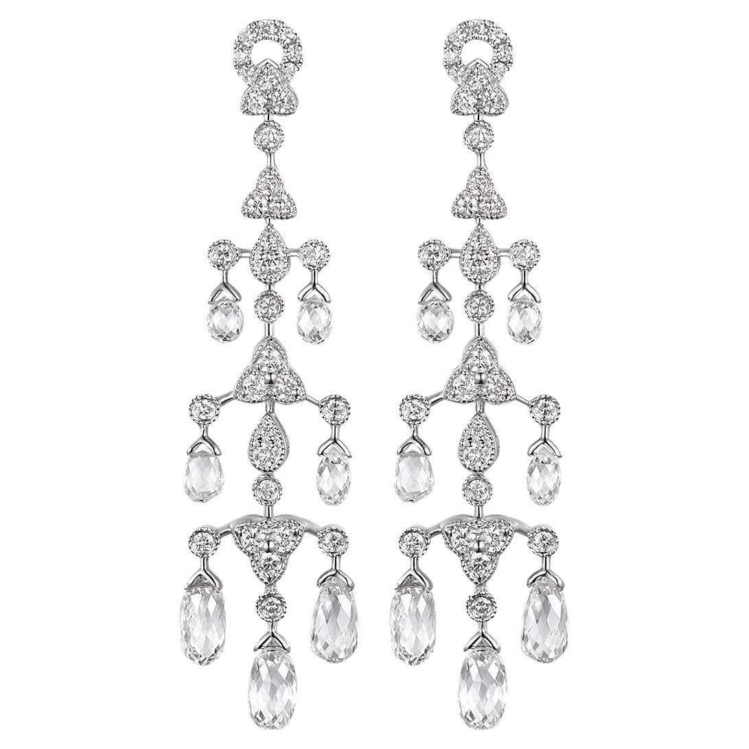 Vintage 4.83Ct Briolette Diamond Dangle Earrings in 18K White Gold