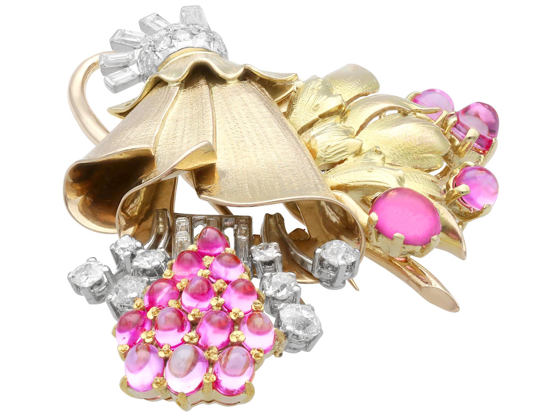 Cabochon Vintage Pink Sapphire Tourmaline Diamond Gold Brooch For Sale