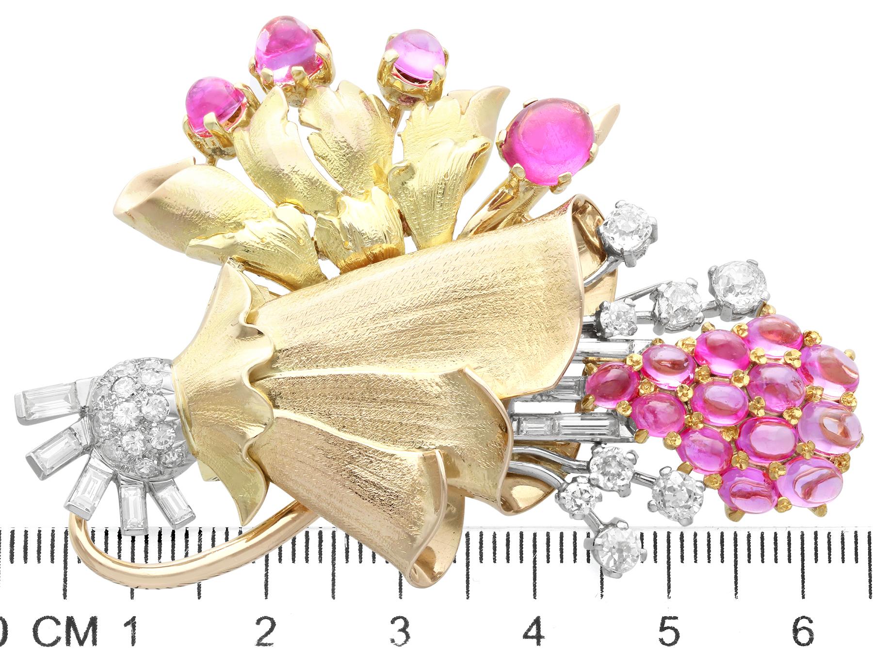 Vintage Pink Sapphire Tourmaline Diamond Gold Brooch For Sale 2