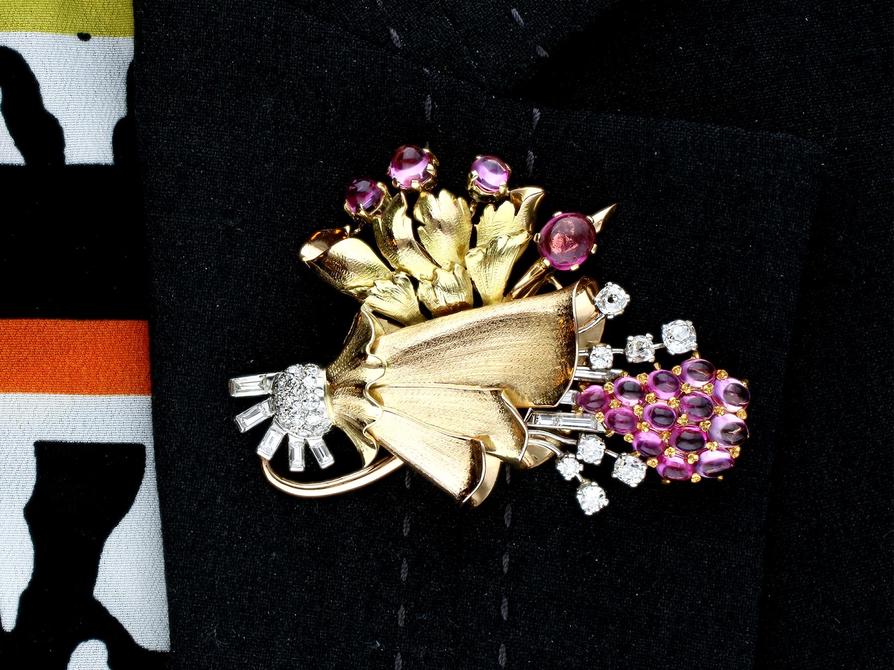 Broche vintage en or, saphir rose, tourmaline et diamant en vente 3