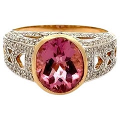 Vintage 4.90 Carat Oval Checkerboard Rubellite Tourmaline and Diamond Gold Ring
