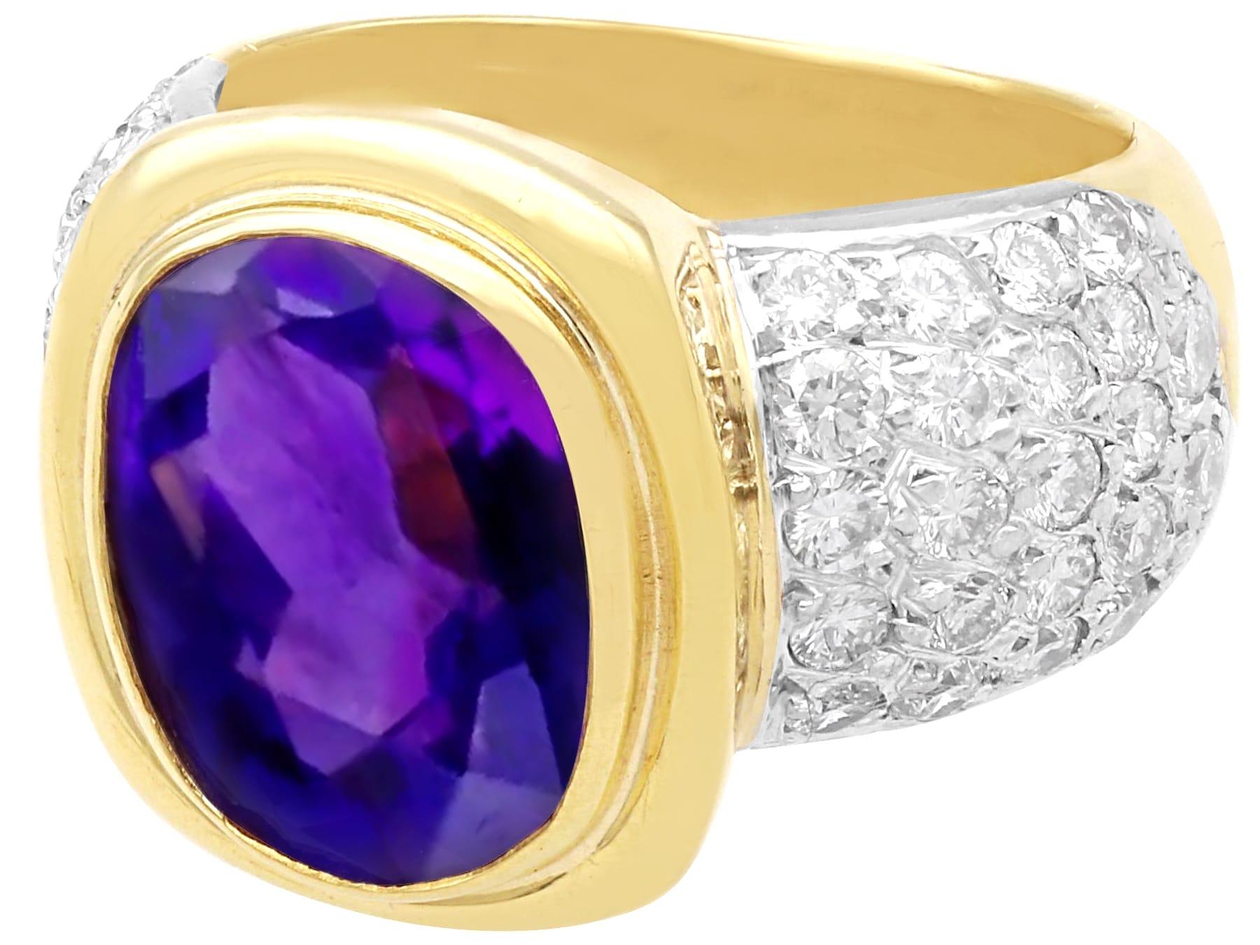 Cushion Cut Vintage 4.90ct Amethyst and 0.80ct Diamond 18k Yellow Gold Cocktail Ring For Sale