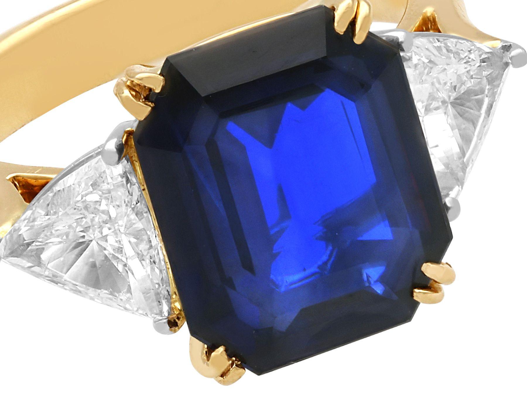 Octagon Cut Vintage 4.91 Carat Sapphire and Diamond, Yellow and White Gold Trilogy Ring