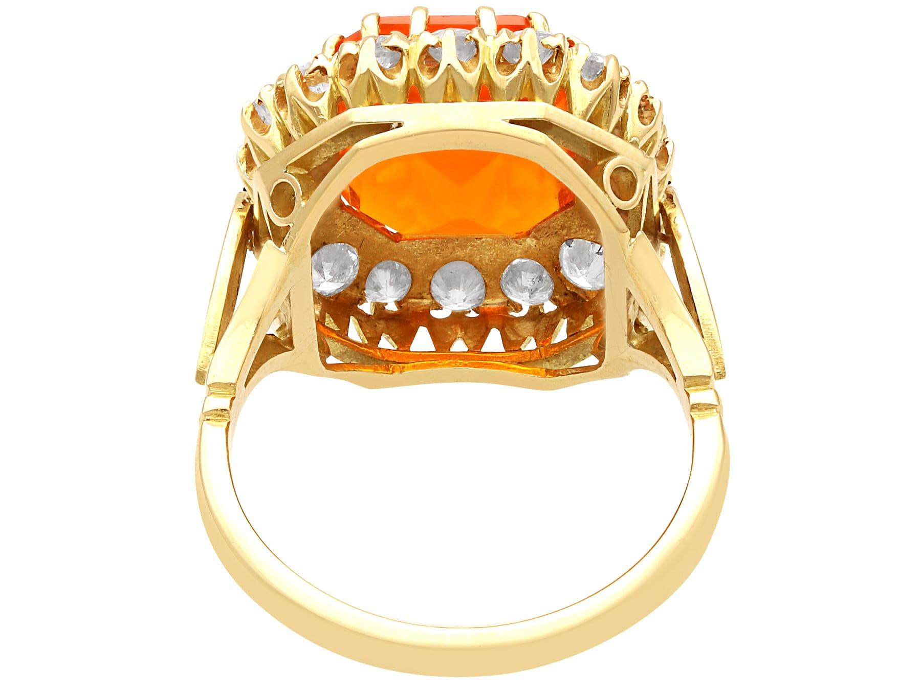 Emerald Cut Vintage 4.92 Carat Fire Opal and 1 Carat Diamond 18k Yellow Gold Dress Ring For Sale