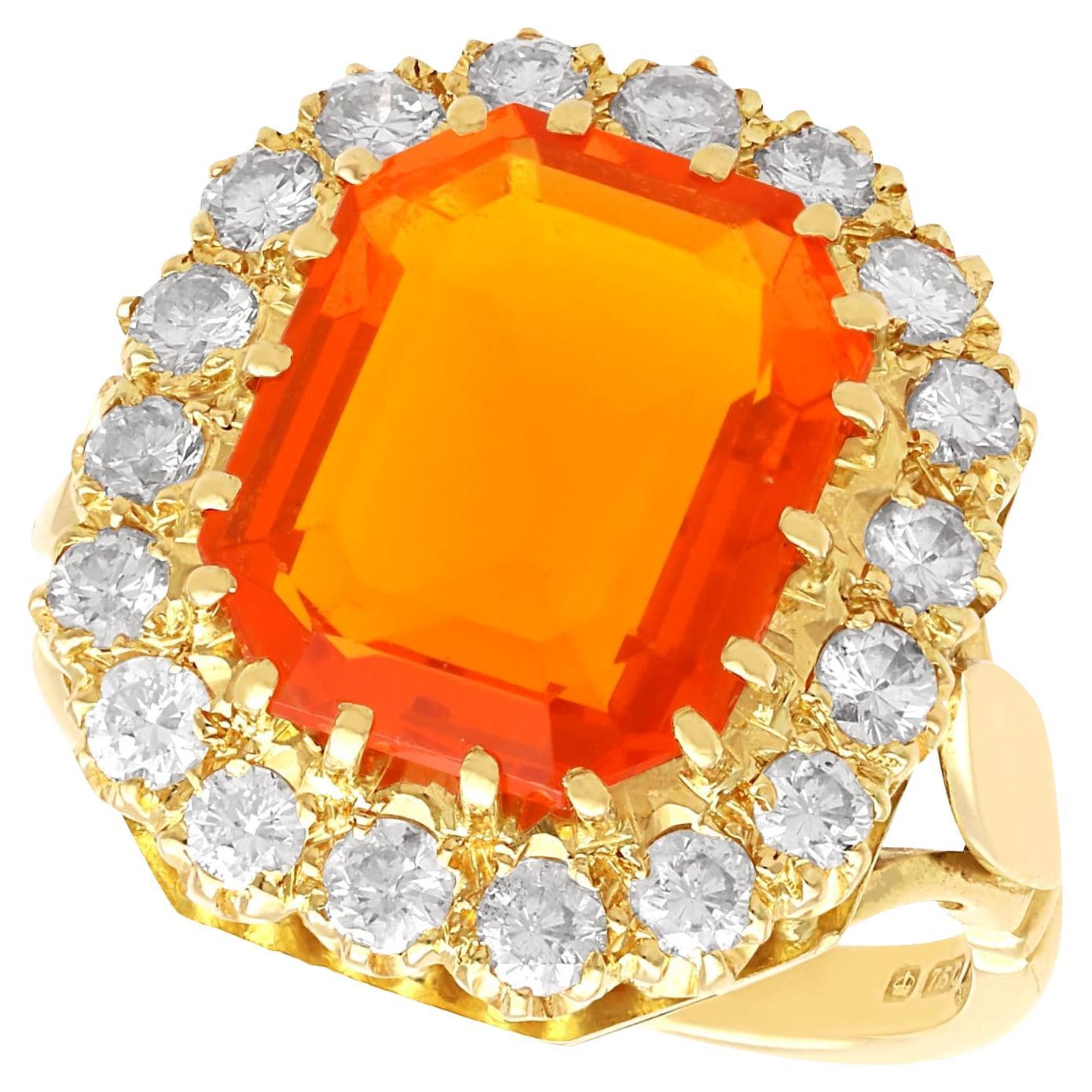 Vintage 4.92 Carat Fire Opal and 1 Carat Diamond 18k Yellow Gold Dress Ring For Sale