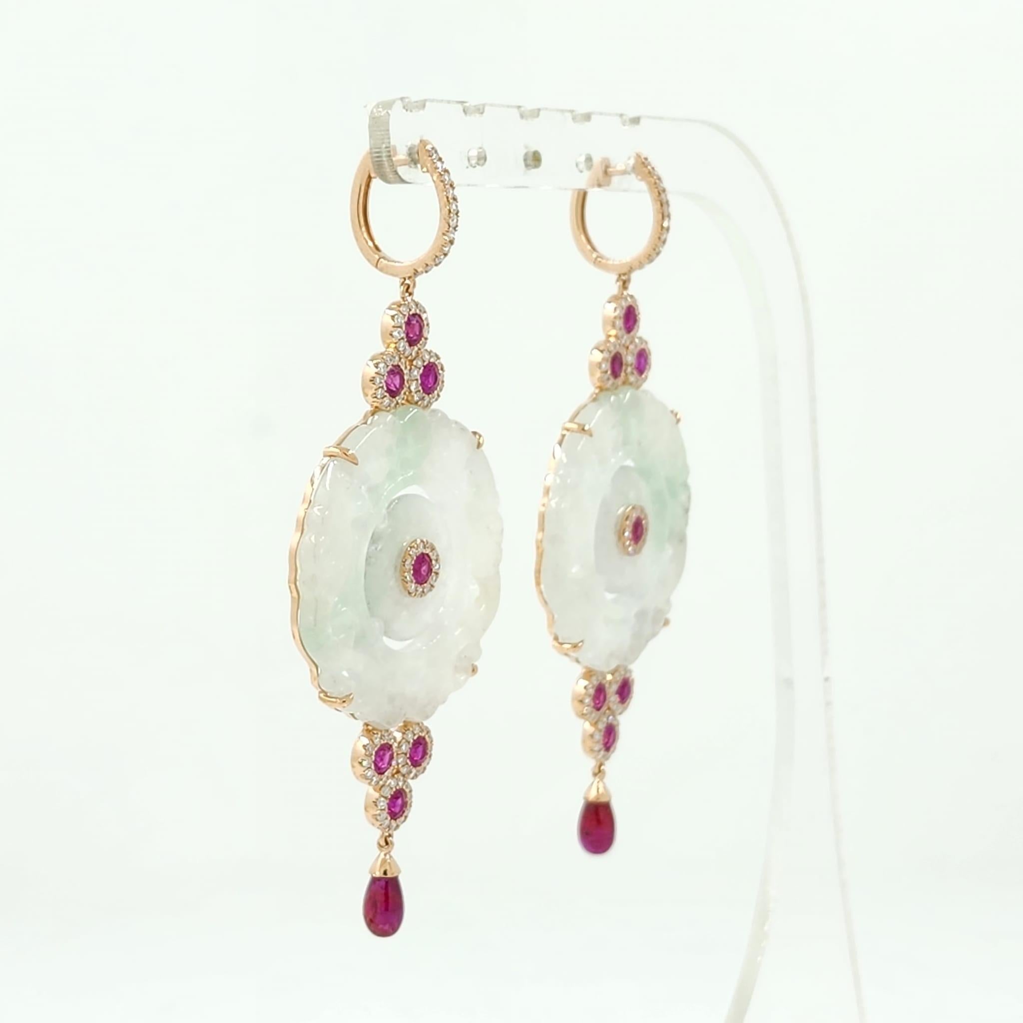 Mixed Cut Vintage 49.44 Total Carat White Jadeite Diamond Ruby Drop Earring in 18K Gold For Sale
