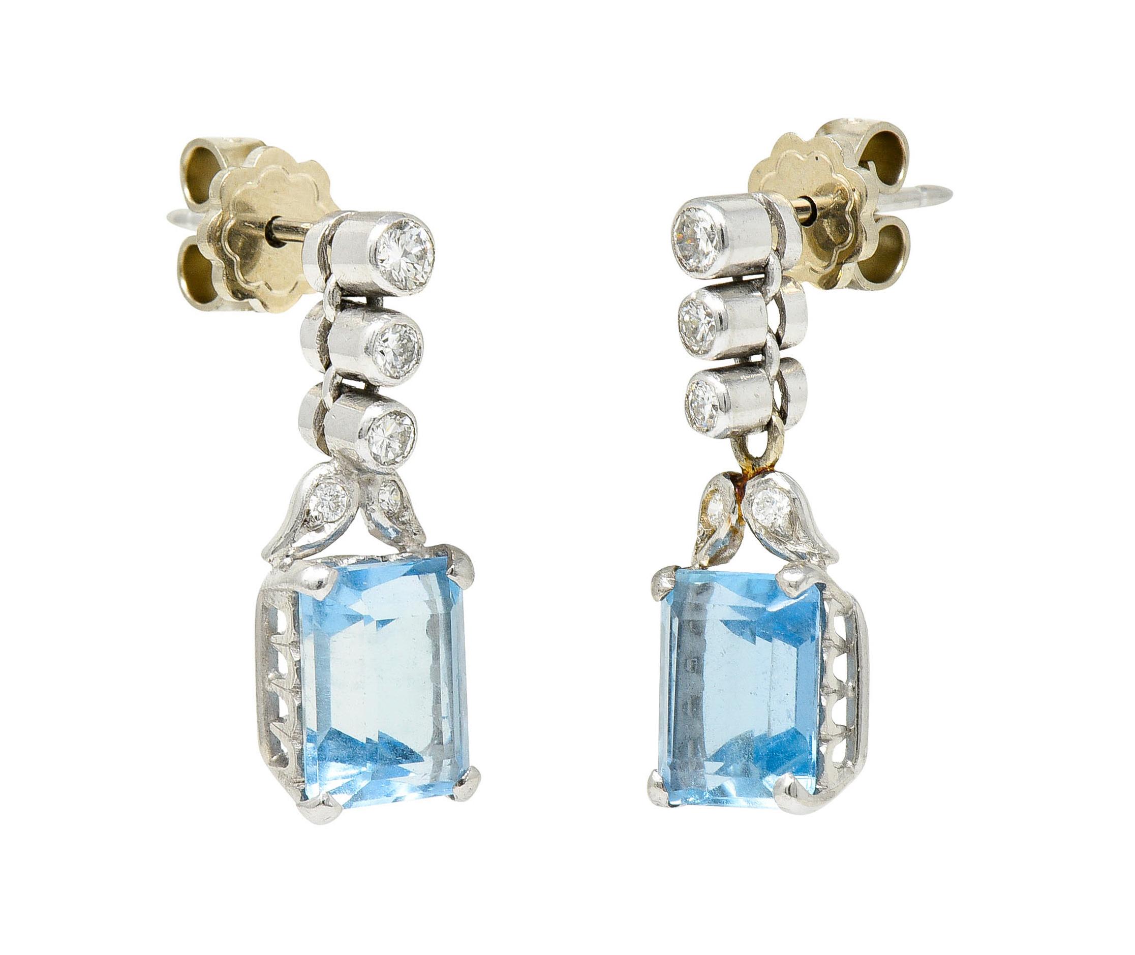 Vintage 4.95 Carats Aquamarine Diamond Platinum Drop Earrings In Excellent Condition In Philadelphia, PA