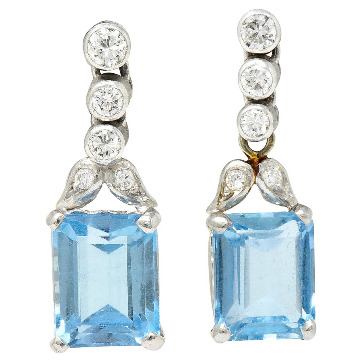 Vintage 4.95 Carats Aquamarine Diamond Platinum Drop Earrings