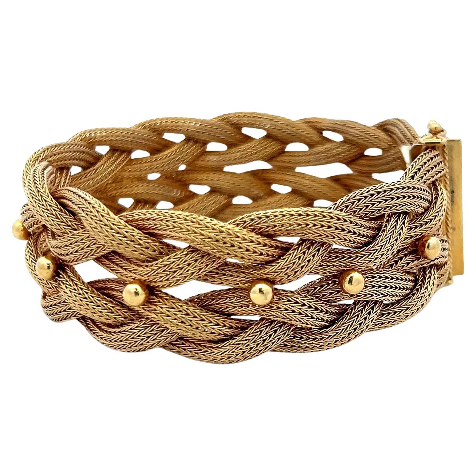 Vintage 49.50 Grammes Or Jaune 18 Karat Bracelet Tissé Taille 7.5 Inches