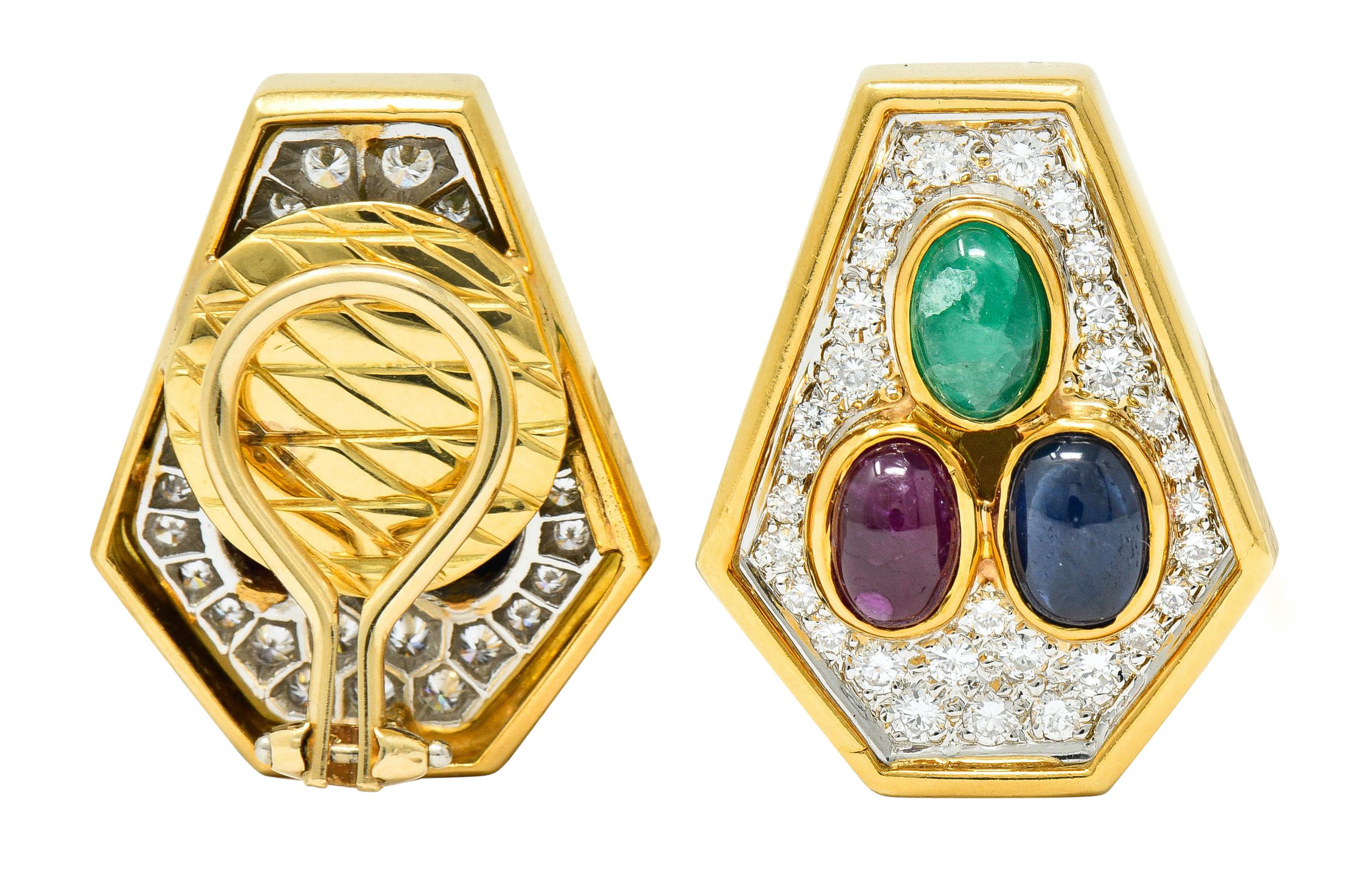 Women's or Men's Vintage 4.97 Carat Diamond Sapphire Ruby Emerald 18 Karat Two-Tone Gold Ear-Clip
