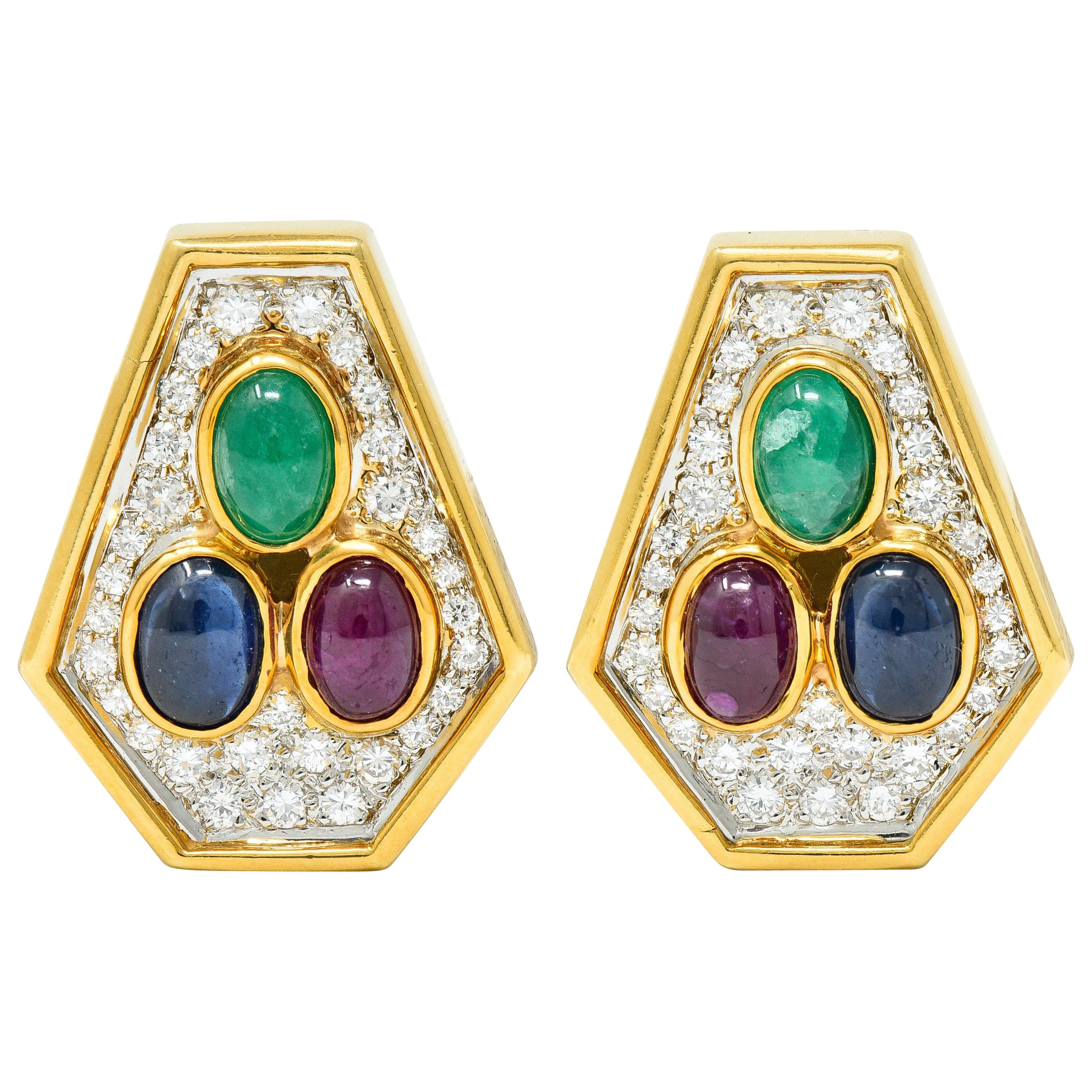 Vintage 4.97 Carat Diamond Sapphire Ruby Emerald 18 Karat Two-Tone Gold Ear-Clip