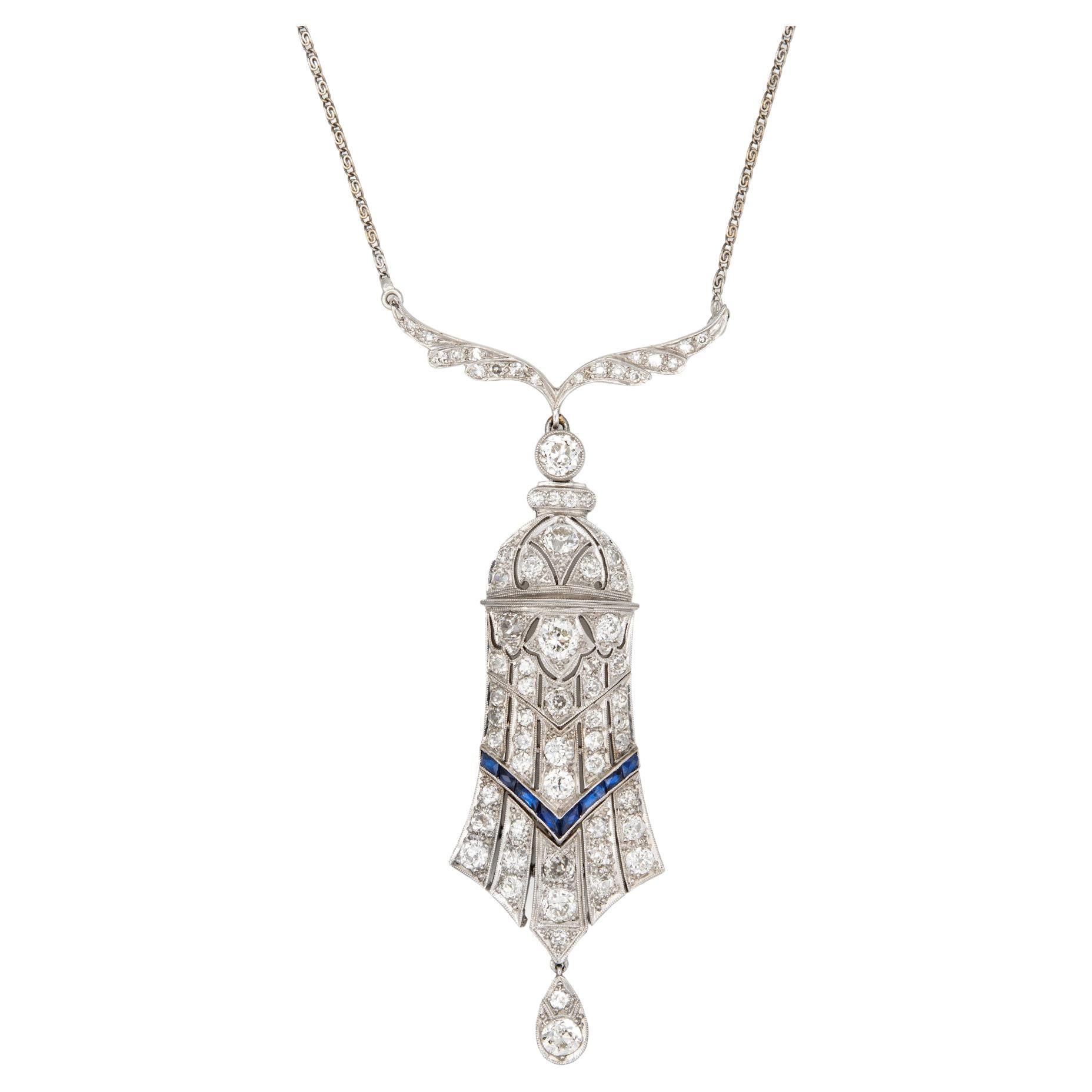 Vintage 4ct Diamond Art Deco Necklace Platinum 15" Sapphire Estate Jewelry en vente