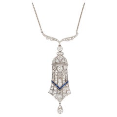 Used 4ct Diamond Art Deco Necklace Platinum 15" Sapphire Estate Jewelry