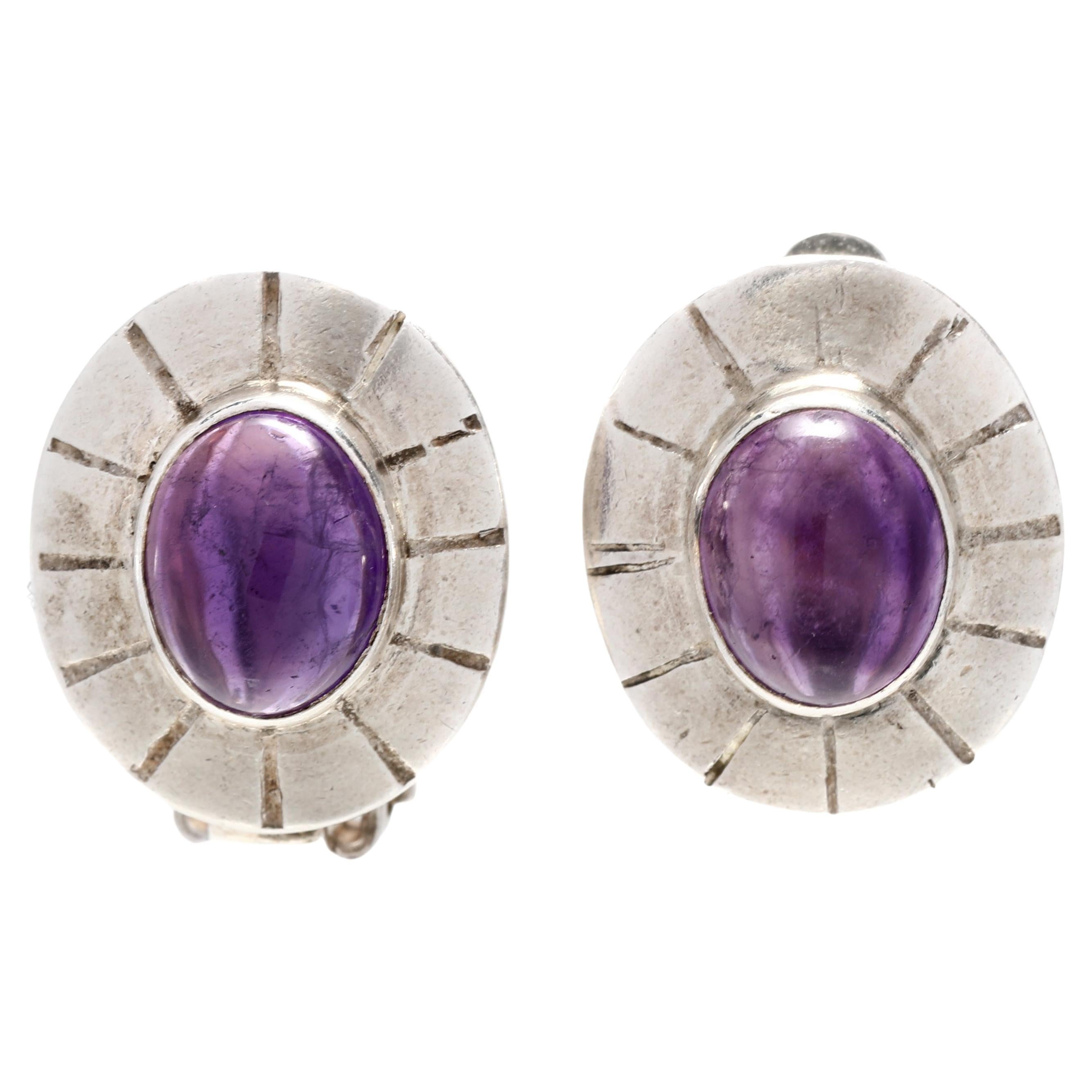 Vintage 4ctw Oval Amethyst Clip On Earrings, Sterling Silver For Sale at  1stDibs