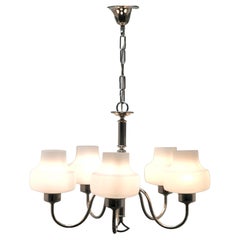 Vintage 5 Armes Chrome, Opalline Schade Chandelier Massive Lichting Belgium, 1960