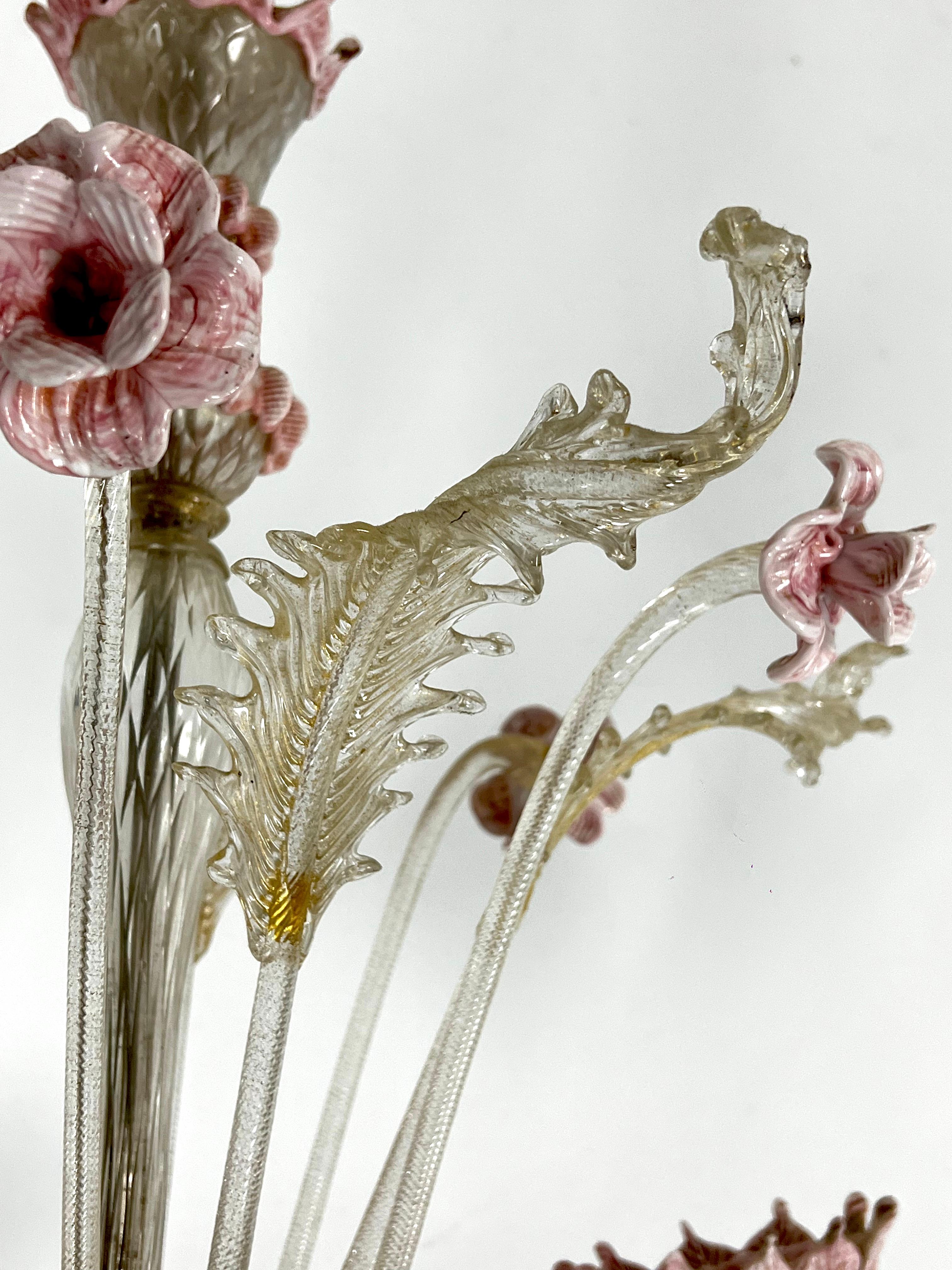 Vintage 5 arms handcrafted floral Murano glass chandelier with gold. Italy 1910s 3