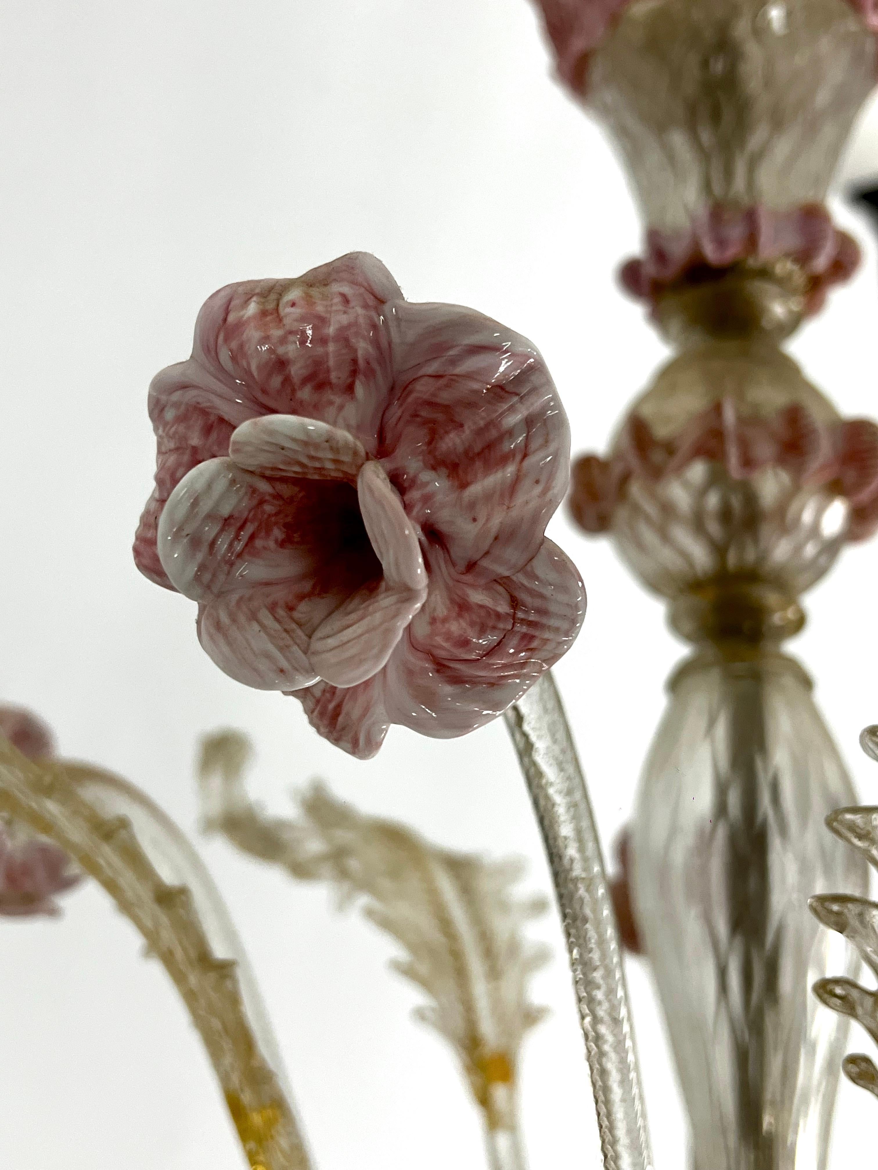 Vintage 5 arms handcrafted floral Murano glass chandelier with gold. Italy 1910s 4