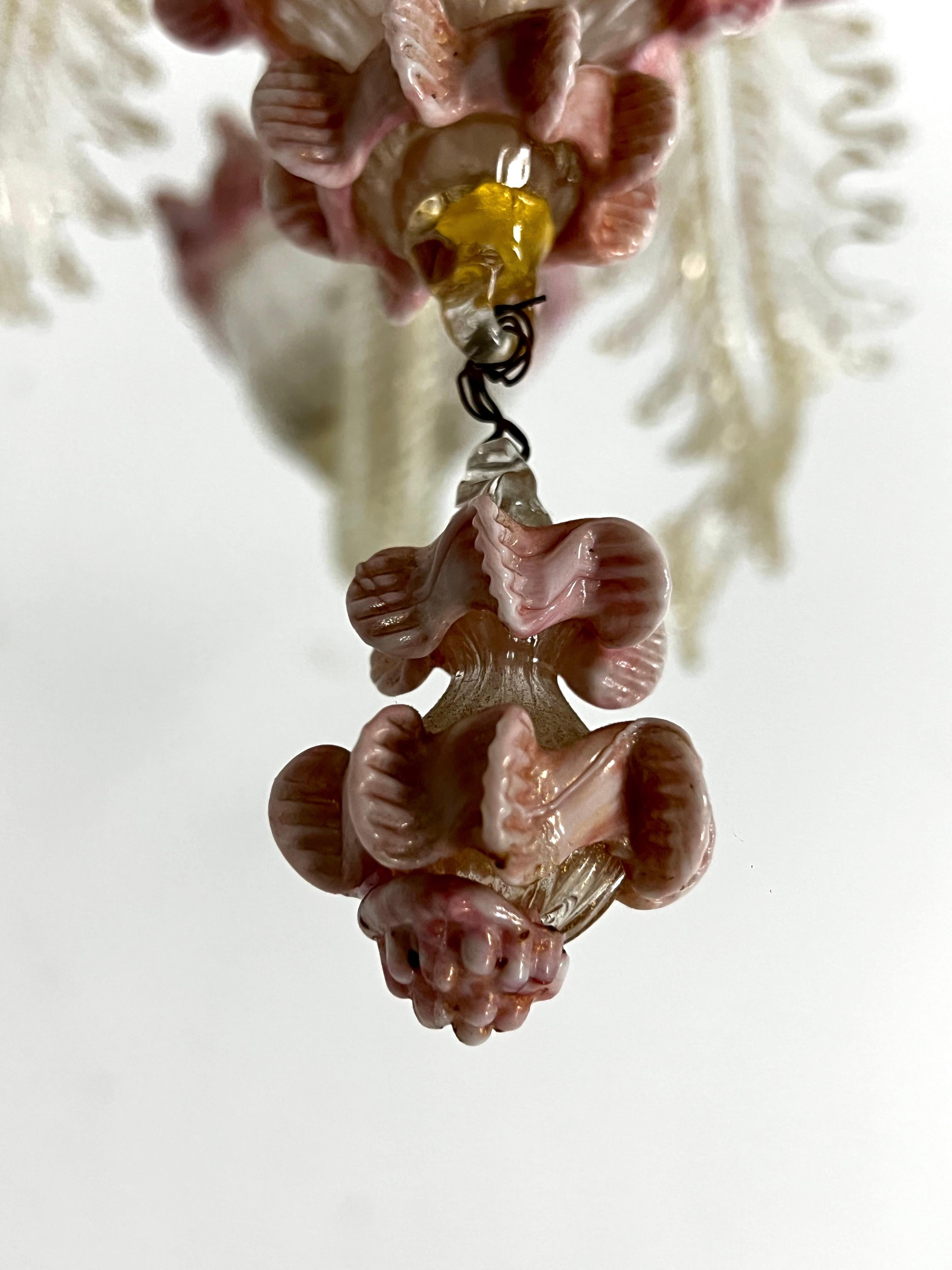 Vintage 5 arms handcrafted floral Murano glass chandelier with gold. Italy 1910s 5