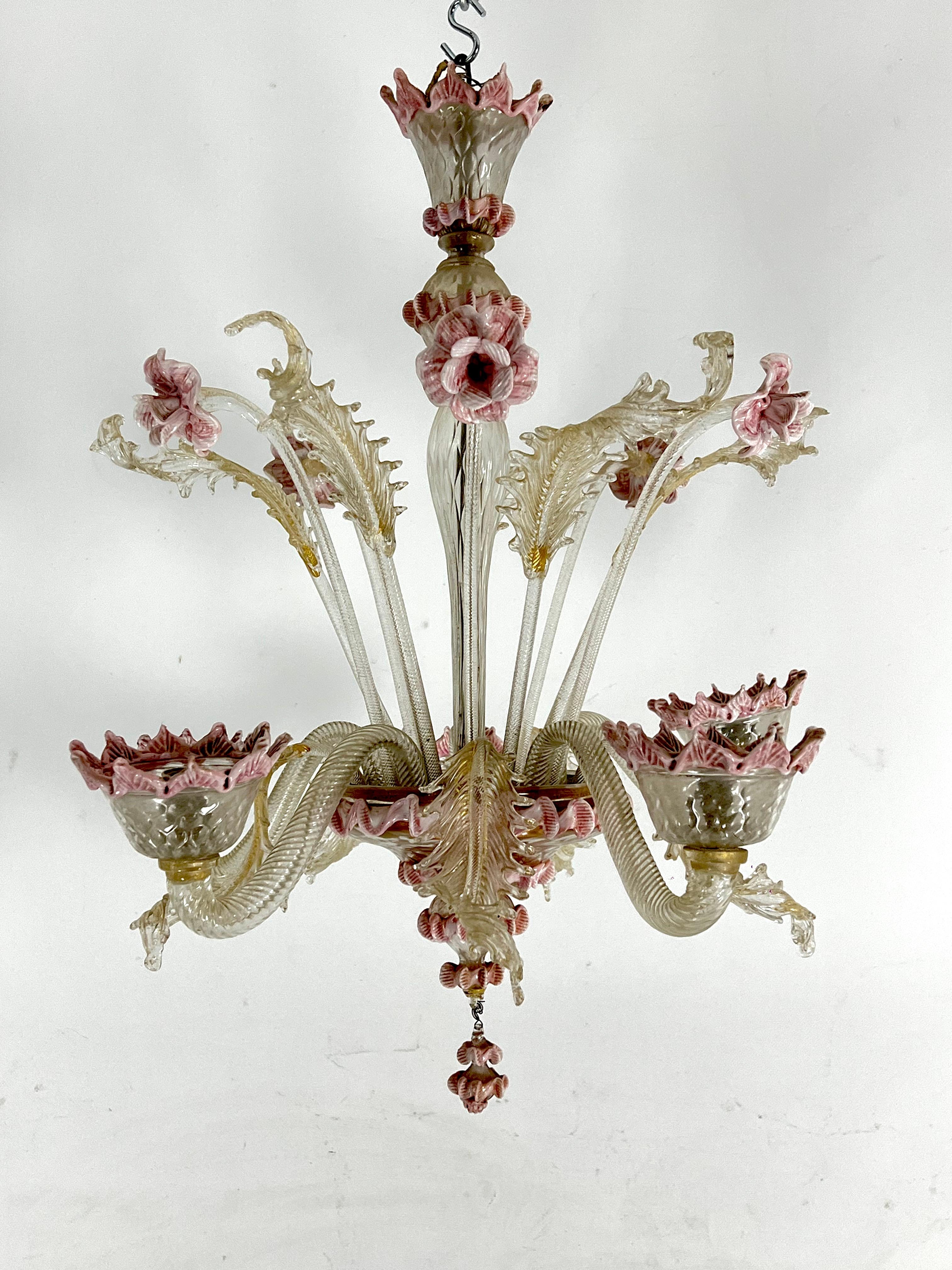 Mid-Century Modern Vintage 5 arms handcrafted floral Murano glass chandelier with gold. Italy 1910s