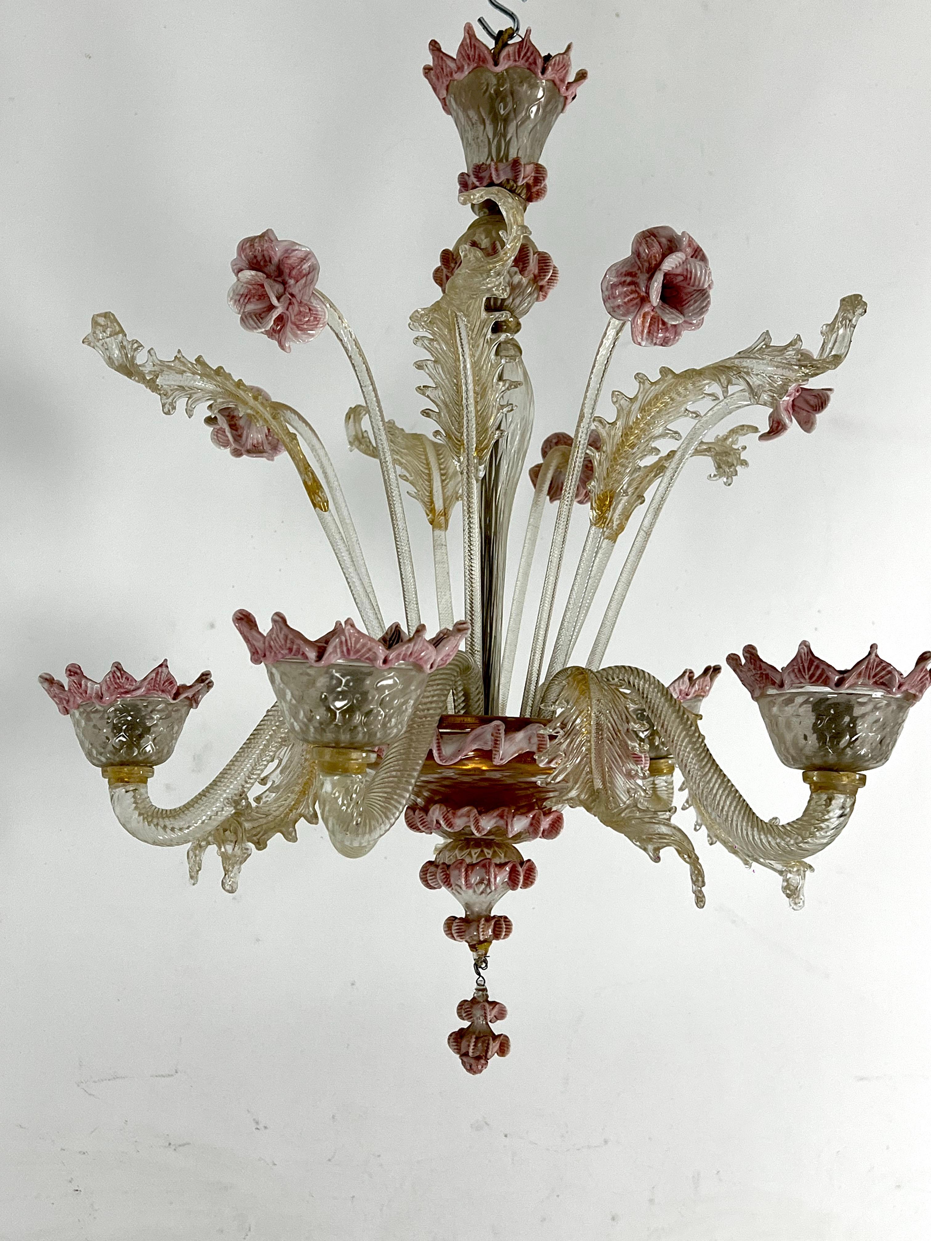 Italian Vintage 5 arms handcrafted floral Murano glass chandelier with gold. Italy 1910s