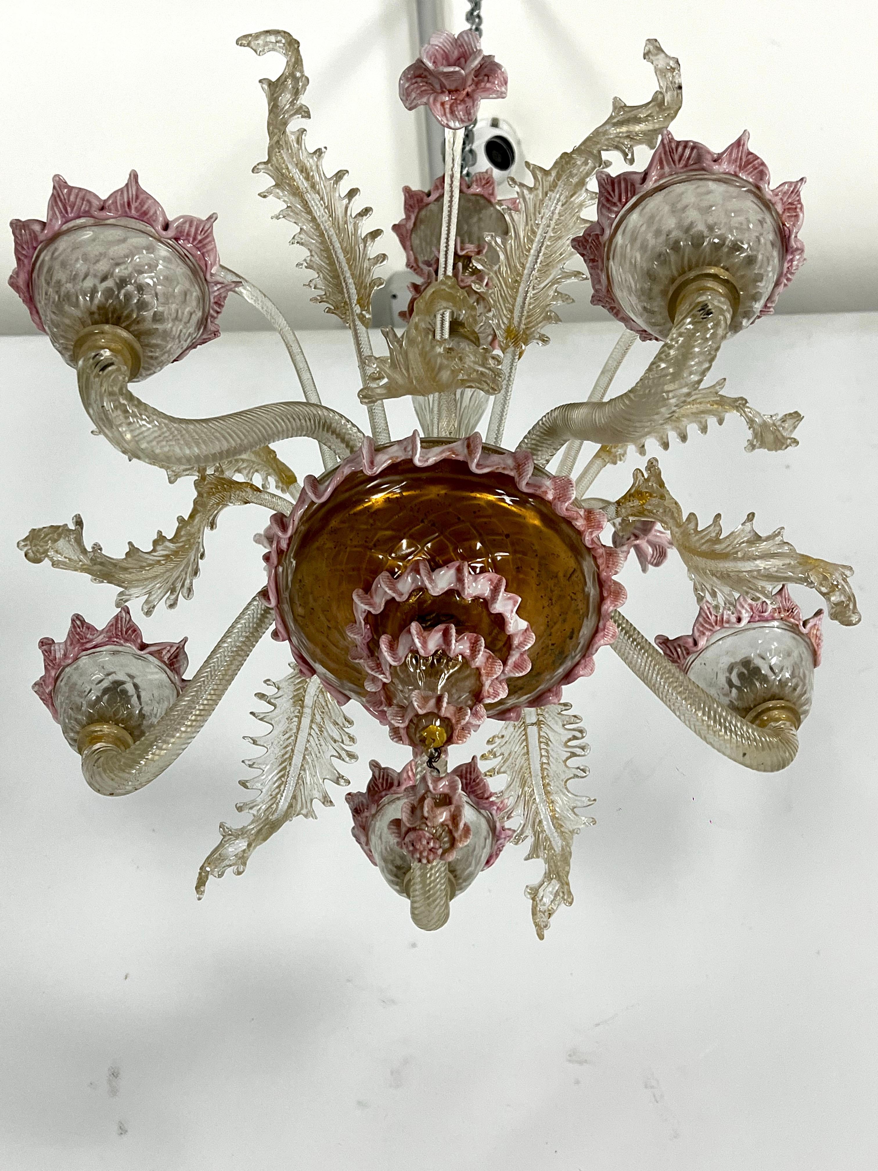 Murano Glass Vintage 5 arms handcrafted floral Murano glass chandelier with gold. Italy 1910s