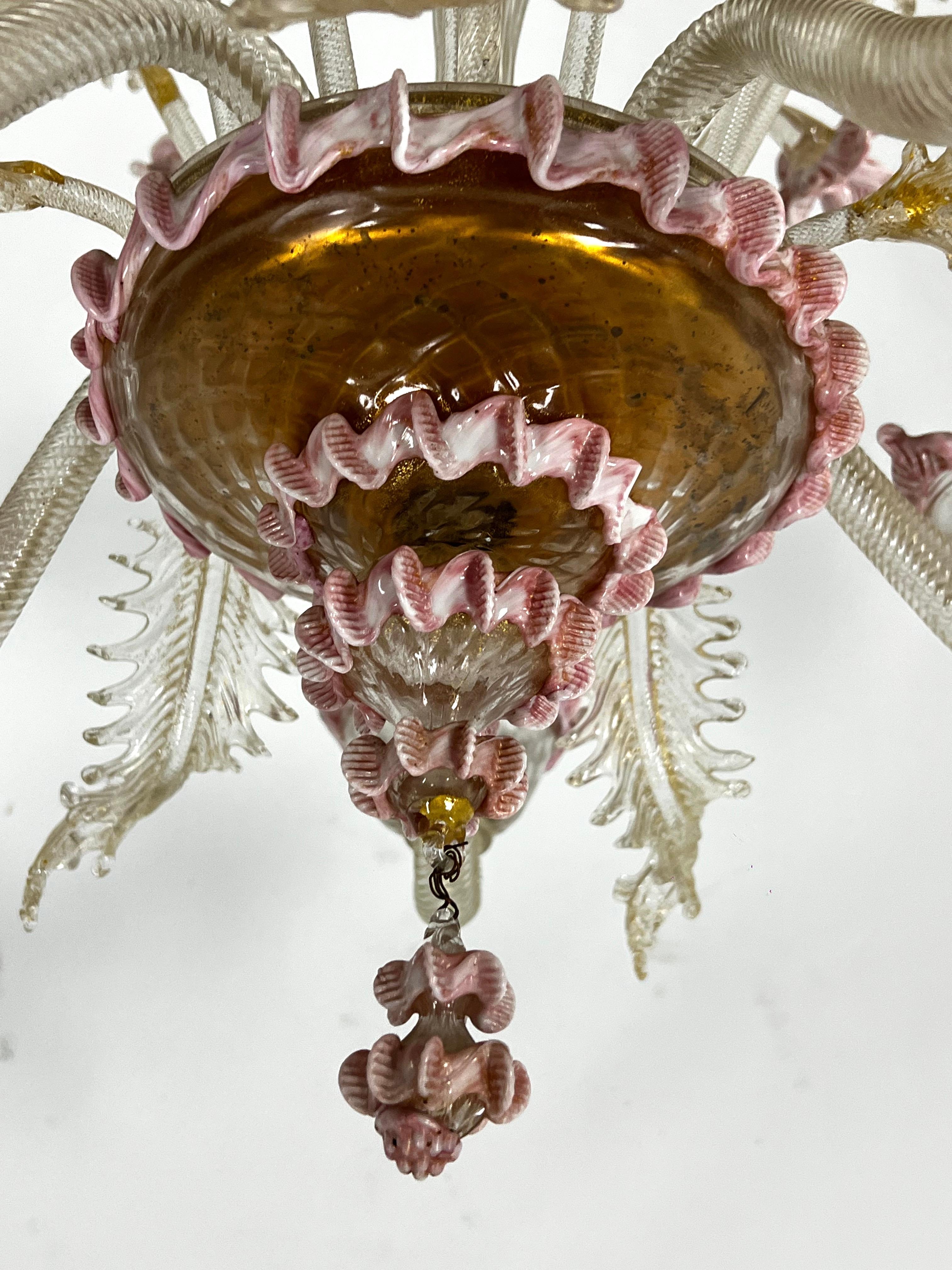 Vintage 5 arms handcrafted floral Murano glass chandelier with gold. Italy 1910s 1
