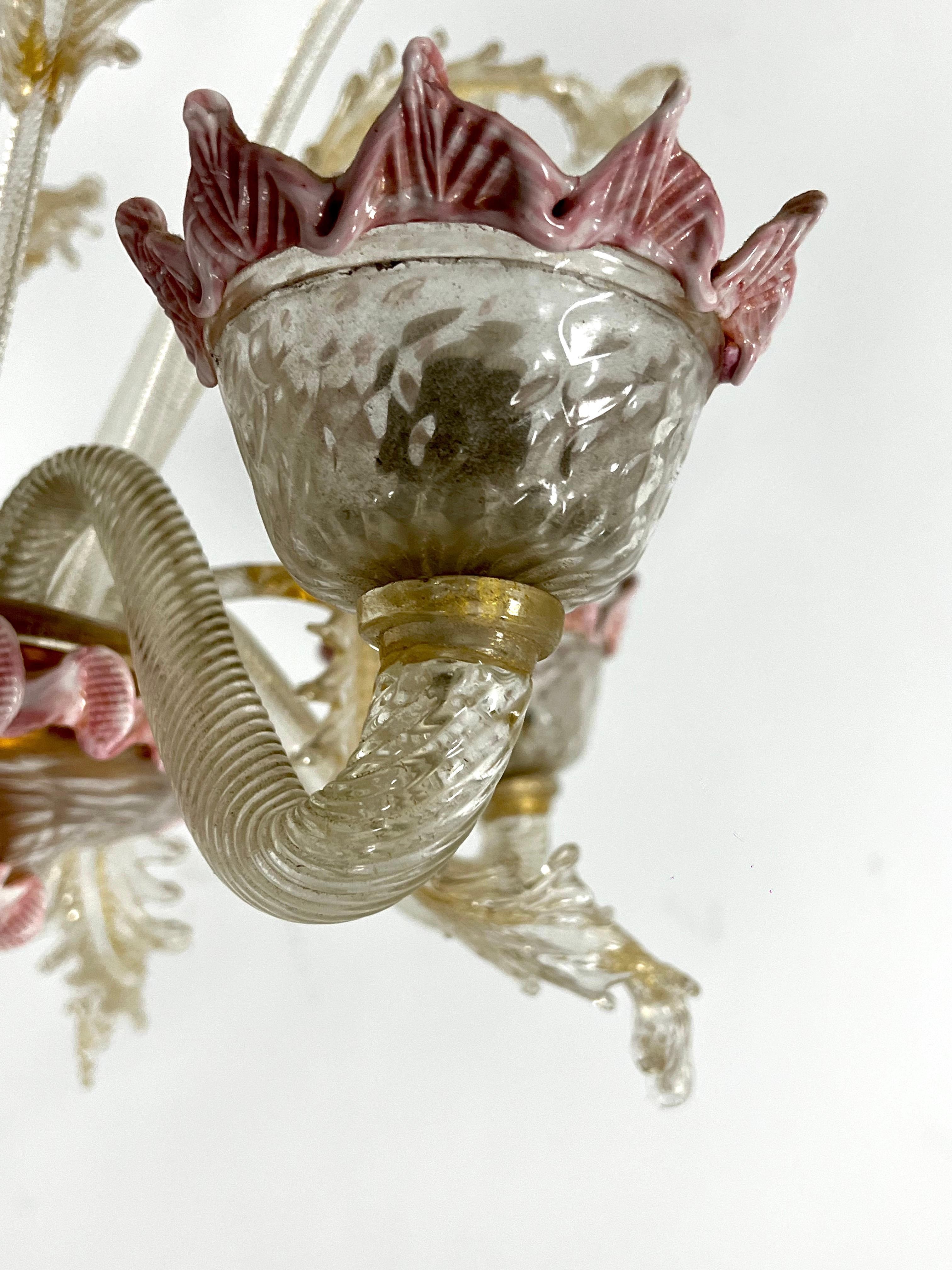 Vintage 5 arms handcrafted floral Murano glass chandelier with gold. Italy 1910s 2