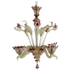 Lampadario d'epoca a 5 bracci in vetro di Murano con motivi floreali e oro. Italy 1910s